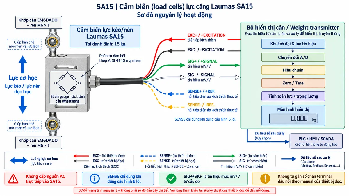 Vẽ sơ đồ nguyên lý hoạt động dạng khối cho cảm biến lực kéo/nén Laumas SA15 trên nền trắng, bố cục ngang. Bắt đầu từ lực kéo hoặc lực nén tác động dọc trục qua hai khớp cầu EM6DADO vào SA15 tải danh định 15 kg. Bên trong cảm biến thể hiện phần tử đàn hồi bằng thép AISI 4140 mạ niken và các strain gauge mắc thành cầu Wheatstone. Từ bộ hiển thị cân hoặc weight transmitter vẽ EXC+/EXC- cấp điện áp kích thích tới cầu đo; với cấu hình sáu lõi thể hiện SENSE+/SENSE- hồi tiếp điện áp kích thích thực tế. Khi tải thay đổi, phần tử đàn hồi biến dạng làm điện trở strain gauge thay đổi và tạo tín hiệu SIG+/SIG- dạng mV/V. Tín hiệu tiếp tục qua các khối khuếch đại và lọc, chuyển đổi A/D, hiệu chuẩn, Zero/Tare, tính toán lực hoặc trọng lượng rồi tới màn hình hiển thị. Nếu thiết bị điện tử cân hỗ trợ giao tiếp công nghiệp, thêm nhánh dữ liệu số tới PLC/HMI/SCADA. Dùng mũi tên và chú thích tiếng Việt để phân biệt luồng lực cơ học, EXC, SENSE, tín hiệu mV/V và dữ liệu số sau xử lý.