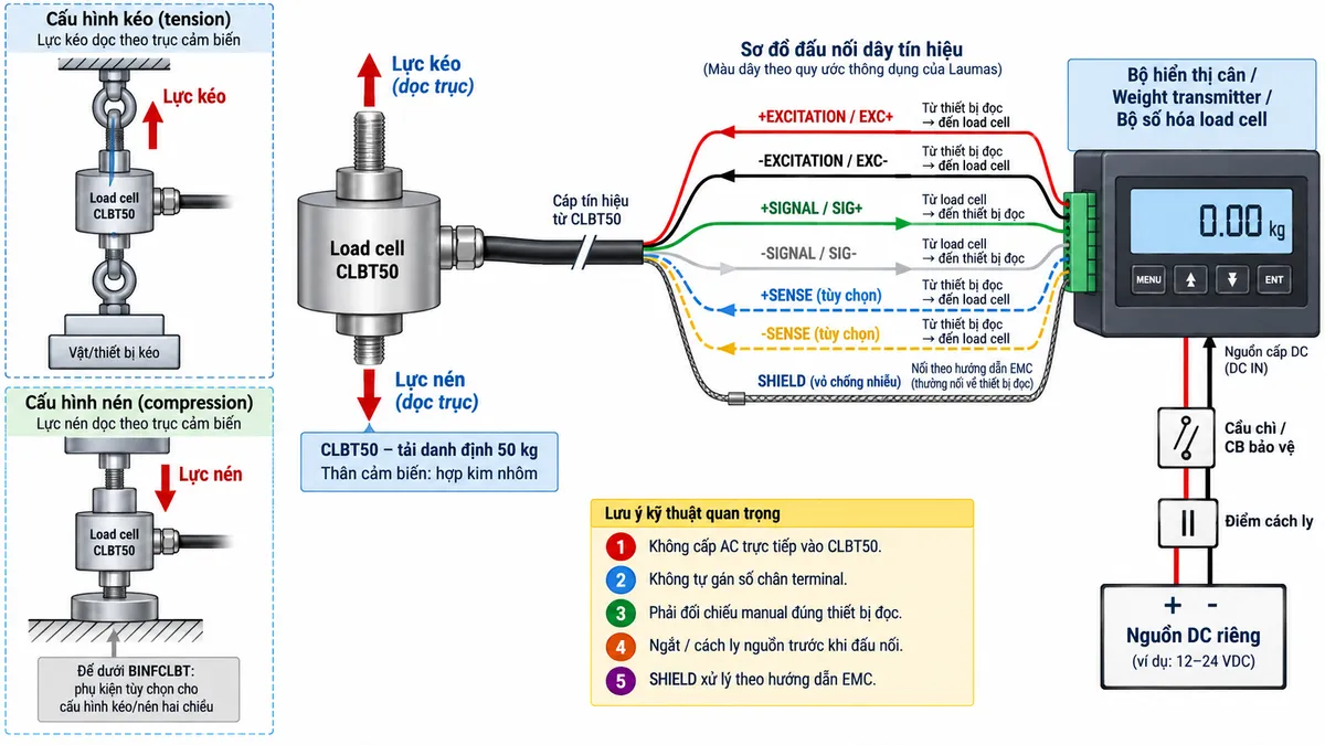 Vẽ sơ đồ nguyên lý hoạt động dạng khối cho Laumas CLBT50 trên nền trắng, bố cục ngang. Luồng chính từ trái sang phải gồm “Lực kéo / lực nén dọc trục” → “Thân cảm biến CLBT50 – hợp kim nhôm” → “Biến dạng đàn hồi của phần tử đo” → “Strain gauge thay đổi điện trở” → “Cầu Wheatstone”. Từ bộ điện tử cân phía trên vẽ EXC+/EXC- cấp điện áp kích thích vào cầu Wheatstone; nếu cảm biến và thiết bị đọc hỗ trợ thì thể hiện SENSE+/SENSE- là đường hồi tiếp điện áp; từ cầu Wheatstone vẽ SIG+/SIG- là tín hiệu vi sai tỷ lệ với lực đi tới “Khuếch đại tín hiệu” → “Chuyển đổi A/D” → “Hiệu chuẩn – lọc – zero/tare – tính toán lực hoặc khối lượng”. Cuối sơ đồ chia ba nhánh tới “Hiển thị”, “PLC/HMI/SCADA” và “Hệ thống điều khiển”. Dùng màu và mũi tên riêng để phân biệt luồng lực cơ học, excitation, sense, tín hiệu đo analog và dữ liệu số.