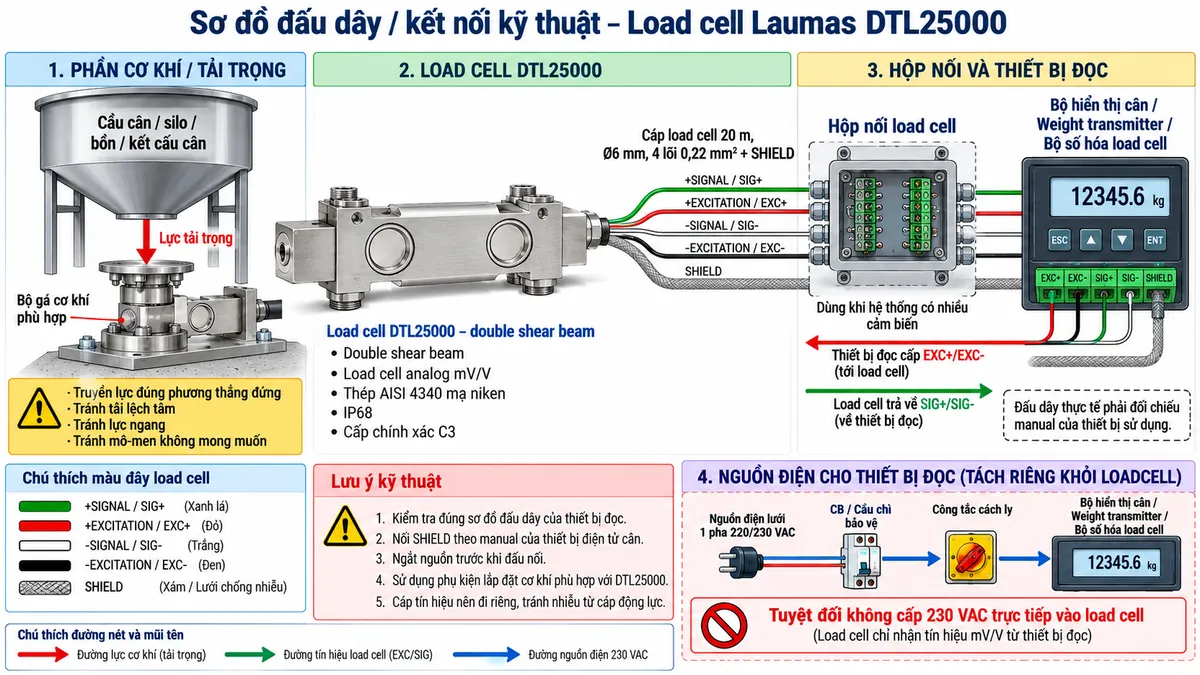 Vẽ sơ đồ nguyên lý hoạt động dạng khối cho Laumas DTL25000 trên nền trắng, bố cục ngang. Luồng chính: “Tải trọng cơ học” → “Bộ gá / điểm truyền lực” → “Thân double shear beam DTL25000” → “Biến dạng đàn hồi vùng dầm cắt kép” → “Strain gauge thay đổi điện trở” → “Cầu Wheatstone” → “Tín hiệu vi sai mV/V” → “Khuếch đại và chuyển đổi A/D trong thiết bị điện tử cân” → “Hiệu chuẩn / lọc / tính toán trọng lượng” → “Hiển thị hoặc truyền dữ liệu tới PLC/HMI/SCADA”. Vẽ nhánh từ “Bộ hiển thị cân / Weight transmitter” cấp EXC+/EXC- vào cầu Wheatstone và nhận SIG+/SIG- trở về. Thể hiện SHIELD của cáp đi theo đường tín hiệu và xử lý nối đất theo manual thiết bị. Bổ sung khối chú thích DTL25000 là load cell double shear beam bằng thép AISI 4340 mạ niken, tín hiệu analog mV/V, cấp bảo vệ IP68 và cấp chính xác C3 theo OIML R 60.