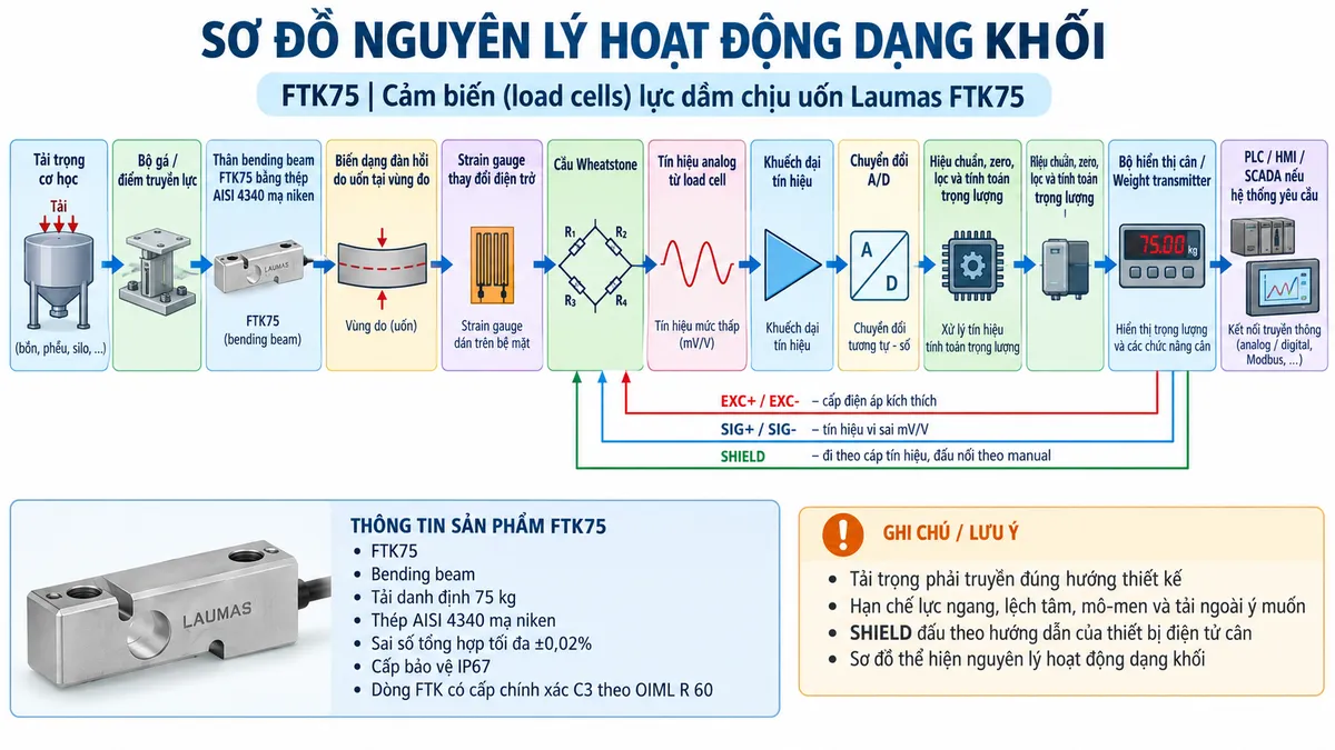 Vẽ sơ đồ nguyên lý hoạt động dạng khối cho Laumas FTK75 trên nền trắng, bố cục ngang. Luồng chính gồm: Tải trọng cơ học → Bộ gá / điểm truyền lực → Thân bending beam FTK75 bằng thép AISI 4340 mạ niken → Biến dạng đàn hồi do uốn tại vùng đo → Strain gauge thay đổi điện trở → Cầu Wheatstone → Tín hiệu analog từ load cell → Khuếch đại tín hiệu → Chuyển đổi A/D → Hiệu chuẩn, zero, lọc và tính toán trọng lượng → Bộ hiển thị cân / Weight transmitter → PLC / HMI / SCADA nếu hệ thống yêu cầu. Vẽ nhánh từ thiết bị điện tử cân cấp EXC+/EXC- tới cầu Wheatstone và nhận SIG+/SIG- trở về; thể hiện SHIELD đi theo cáp tín hiệu và ghi chú đấu nối theo manual. Bổ sung khối thông tin nhận diện gồm: FTK75, bending beam, tải danh định 75 kg, thép AISI 4340 mạ niken, sai số tổng hợp tối đa ±0,02%, cấp bảo vệ IP67 và dòng FTK có cấp chính xác C3 theo OIML R 60.