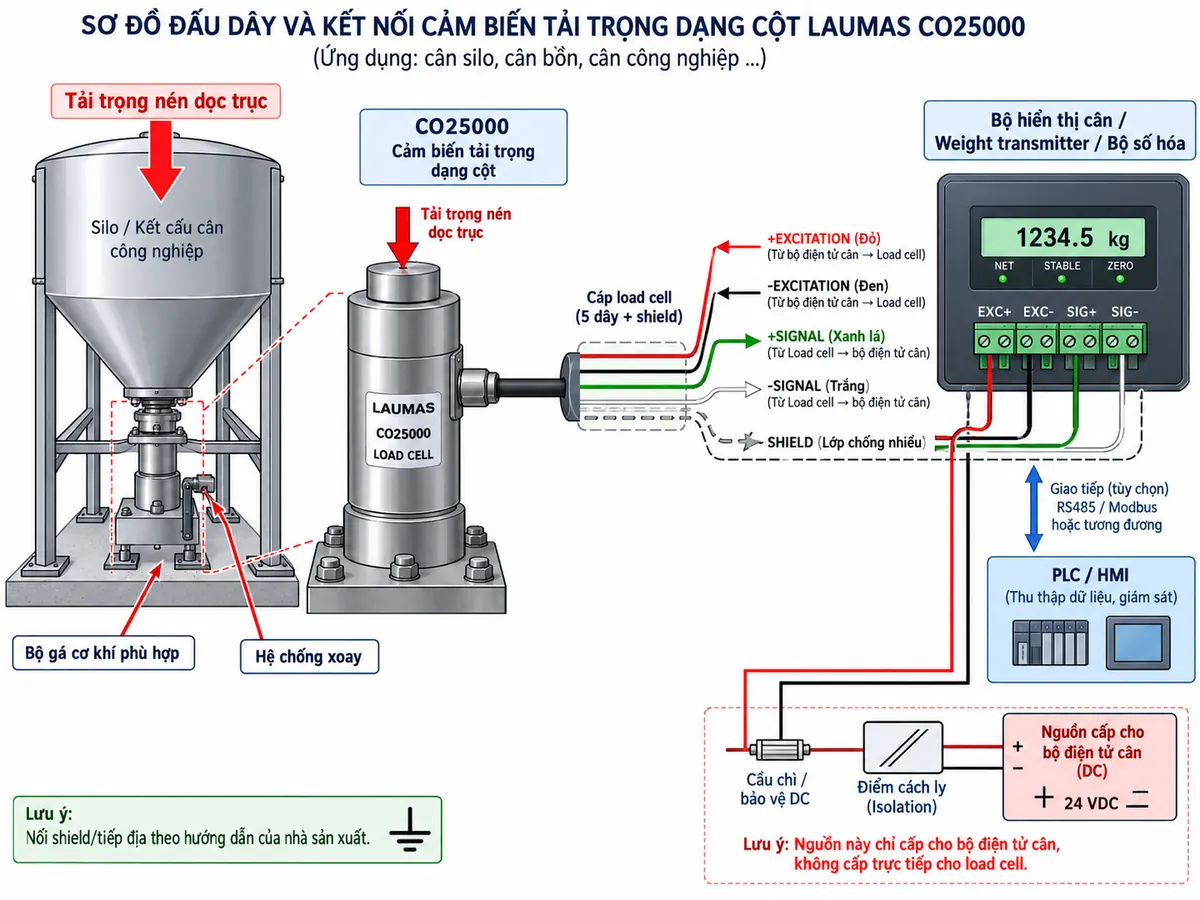 Vẽ sơ đồ nguyên lý hoạt động dạng khối cho Laumas CO25000 trên nền trắng, bố cục ngang. Luồng chính bắt đầu từ “Tải trọng/lực nén” → “Bộ gá và kết cấu truyền lực” → “Thân cảm biến CO25000 dạng cột” → “Biến dạng đàn hồi” → “Strain gauge thay đổi điện trở” → “Cầu Wheatstone” → “Tín hiệu vi sai mV/V” → “Khuếch đại tín hiệu” → “Chuyển đổi A/D” → “Hiệu chuẩn và xử lý trọng lượng” → “Hiển thị / PLC / HMI / hệ thống điều khiển”. Từ khối “Bộ điện tử cân / Weight transmitter” vẽ EXC+ và EXC- cấp điện áp kích thích tới cầu Wheatstone; từ cầu Wheatstone vẽ SIG+ và SIG- truyền tín hiệu đo trở lại bộ điện tử. Thể hiện SHIELD ở đường cáp và ghi chú tải phải tác động chủ yếu theo phương nén dọc trục để giảm sai số do lực ngang hoặc lệch tâm.