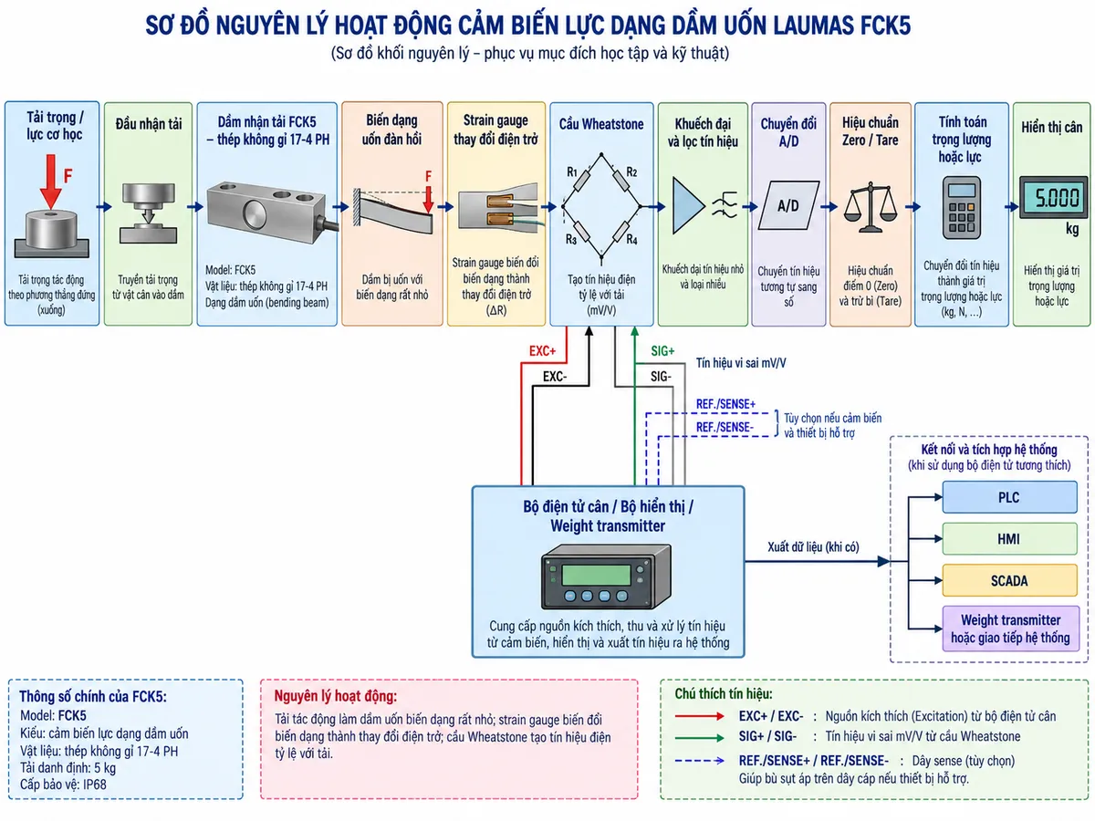Sơ đồ nguyên lý hoạt động dạng khối cho Laumas FCK5 trên nền trắng, bố cục ngang. Thể hiện luồng “Tải trọng/lực cơ học” → “Đầu nhận tải” → “Dầm đàn hồi FCK5 bằng thép không gỉ 17-4 PH” → “Biến dạng uốn đàn hồi” → “Strain gauge thay đổi điện trở” → “Cầu Wheatstone”. Từ khối bộ điện tử cân vẽ EXC+/EXC- cấp điện áp kích thích vào cầu Wheatstone; nếu cấu hình hỗ trợ sense thì vẽ REF./SENSE+/REF./SENSE- hồi tiếp điện áp kích thích dưới dạng tùy chọn. Từ cầu Wheatstone vẽ SIG+/SIG- mang tín hiệu vi sai mV/V → “Khuếch đại và lọc tín hiệu” → “Chuyển đổi A/D” → “Hiệu chuẩn / Zero / Tare” → “Tính toán trọng lượng hoặc lực” → “Hiển thị cân”. Từ khối xử lý có thể phân nhánh tới weight transmitter, PLC/HMI/SCADA khi hệ thống sử dụng thiết bị giao tiếp tương thích. Ghi chú nguyên lý: tải làm dầm uốn biến dạng rất nhỏ, strain gauge biến đổi biến dạng thành thay đổi điện trở và cầu Wheatstone tạo tín hiệu điện tỷ lệ với tải.