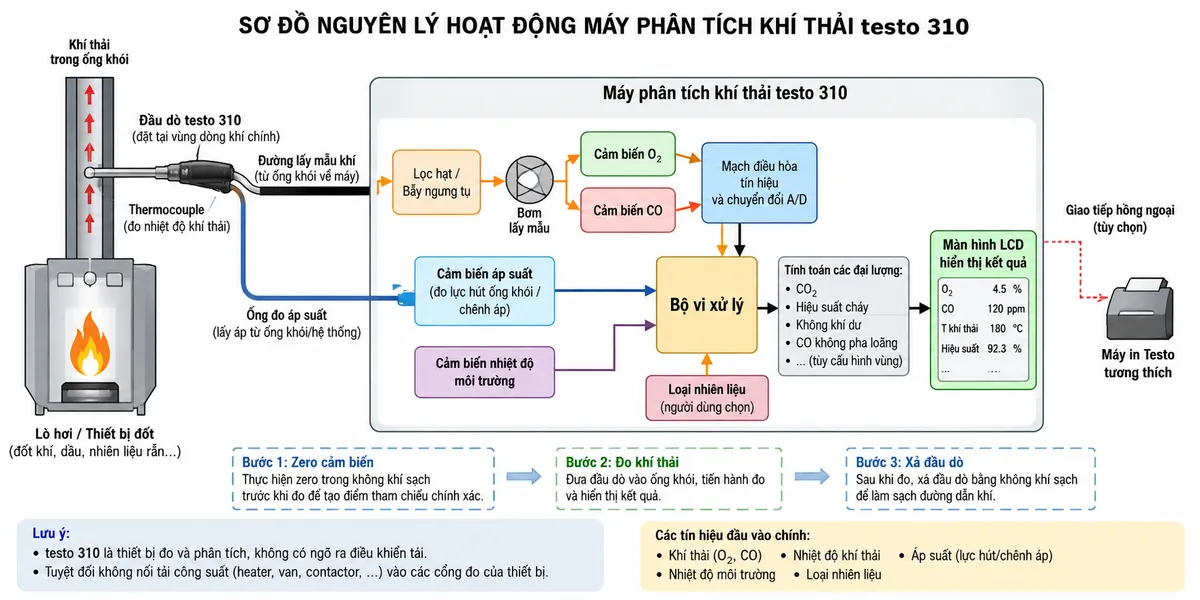 Vẽ sơ đồ nguyên lý hoạt động dạng khối của máy phân tích khí thải testo 310 trên nền trắng, bố cục ngang. Luồng chính: Lò hơi/thiết bị đốt → khí thải trong ống khói → đầu dò testo 310 đặt tại vùng dòng khí chính → thermocouple đo nhiệt độ khí thải và đường lấy mẫu khí → lọc hạt/bẫy ngưng tụ → bơm lấy mẫu → cảm biến O2 và cảm biến CO → mạch điều hòa tín hiệu và chuyển đổi A/D → bộ vi xử lý. Từ cảm biến áp suất vẽ một nhánh đo lực hút ống khói/chênh áp đi vào bộ vi xử lý. Từ nhiệt độ môi trường, nhiệt độ khí thải, O2, CO và loại nhiên liệu đã chọn, bộ xử lý tính các đại lượng liên quan như CO2, hiệu suất, không khí dư hoặc CO không pha loãng tùy cấu hình vùng → màn hình LCD hiển thị kết quả → giao tiếp hồng ngoại tới máy in tương thích nếu sử dụng. Thể hiện bước zero cảm biến trong không khí trước khi lấy mẫu và bước xả đầu dò bằng không khí sạch sau phép đo.