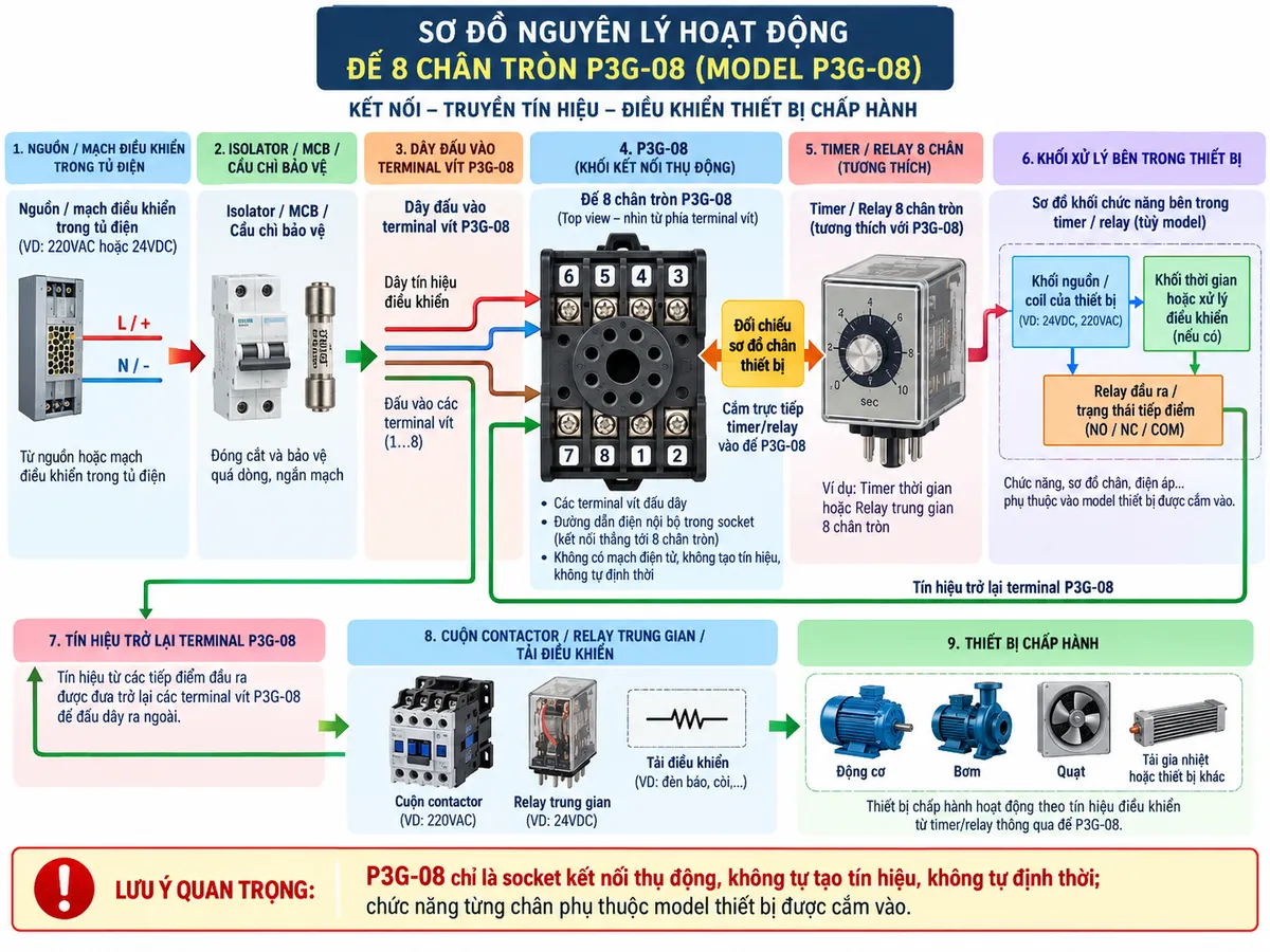Vẽ sơ đồ nguyên lý hoạt động dạng khối cho đế 8 chân tròn P3G-08 trên nền trắng, bố cục ngang. Luồng chính: nguồn hoặc mạch điều khiển trong tủ điện → isolator và MCB/cầu chì bảo vệ → dây đấu vào terminal vít của P3G-08 → các đường dẫn điện nội bộ thụ động trong socket → 8 chân tròn của timer hoặc relay tương thích → khối nguồn/coil của thiết bị → khối thời gian hoặc xử lý điều khiển nếu có → relay đầu ra và trạng thái tiếp điểm → tín hiệu trở lại các terminal P3G-08 → cuộn contactor, relay trung gian hoặc tải điều khiển → thiết bị chấp hành. Thể hiện nổi bật khối “Đối chiếu sơ đồ chân thiết bị” giữa timer/relay và các terminal 1-8. Ghi chú: P3G-08 chỉ là socket kết nối thụ động, không tự tạo tín hiệu, không tự định thời và chức năng từng chân phụ thuộc model thiết bị được cắm vào.