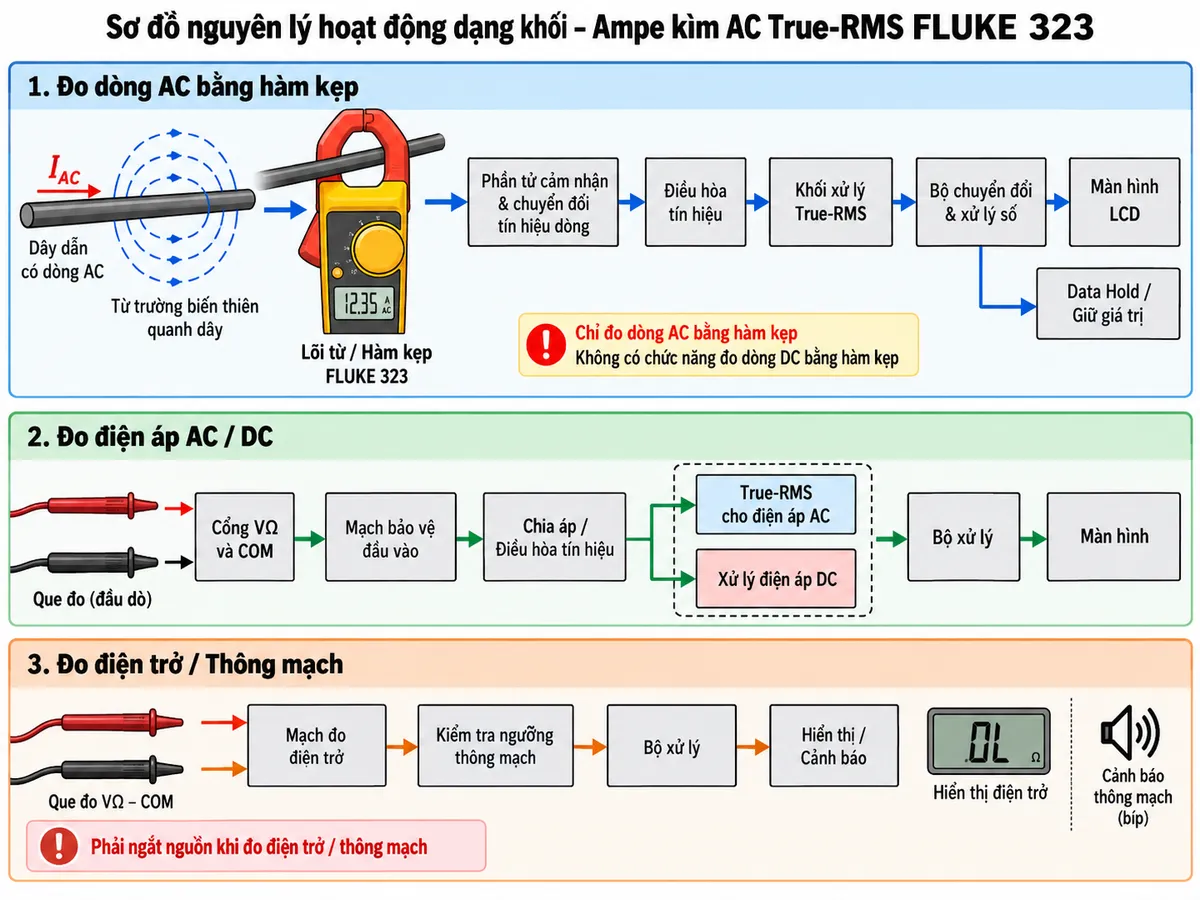 Sơ đồ nguyên lý hoạt động dạng khối của ampe kìm AC True-RMS FLUKE 323 trên nền trắng, bố cục ngang, chú thích tiếng Việt. Luồng đo dòng chính: dây dẫn có dòng AC → từ trường biến thiên quanh dây → lõi từ/hàm kẹp FLUKE 323 → phần tử cảm nhận và chuyển đổi tín hiệu dòng → điều hòa tín hiệu → khối xử lý True-RMS → bộ chuyển đổi và xử lý số → màn hình LCD, kèm nhánh Data Hold giữ giá trị. Vẽ thêm luồng đo điện áp: cổng VΩ và COM → mạch bảo vệ đầu vào → chia áp/điều hòa tín hiệu → khối True-RMS đối với điện áp AC hoặc xử lý điện áp DC → bộ xử lý → màn hình. Thêm nhánh đo điện trở/thông mạch: que đo VΩ-COM → mạch đo điện trở → kiểm tra ngưỡng thông mạch → bộ xử lý → hiển thị/cảnh báo. Thể hiện rõ FLUKE 323 chỉ đo dòng AC bằng hàm kẹp, không thể hiện chức năng đo dòng DC bằng hàm kẹp.