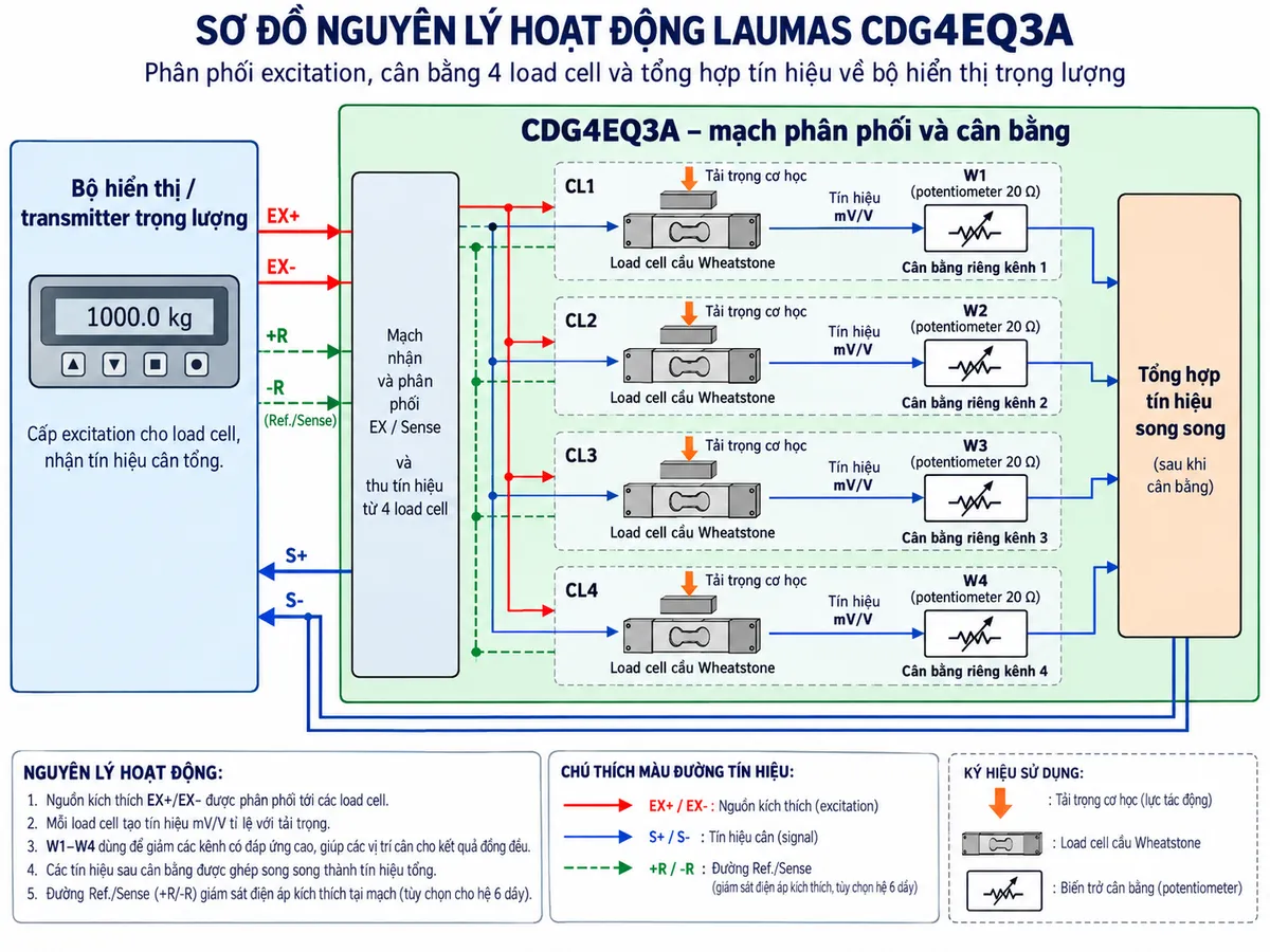 Sơ đồ nguyên lý hoạt động của Laumas CDG4EQ3A trên nền trắng, bố cục ngang, chú thích tiếng Việt. Bên trái là khối “Bộ hiển thị / transmitter trọng lượng” phát nguồn kích thích EX+/EX- và nhận tín hiệu S+/S-. Ở giữa là khối “CDG4EQ3A – mạch phân phối và cân bằng” chia excitation tới bốn nhánh CL1, CL2, CL3, CL4; mỗi nhánh gồm “Load cell cầu Wheatstone” → “Tín hiệu mV/V” → “Potentiometer cân bằng 20 Ω W1/W2/W3/W4”. Sau hiệu chỉnh, bốn tín hiệu được ghép tại khối “Tổng hợp tín hiệu song song”, rồi đưa tín hiệu tổng S+/S- trở lại bộ hiển thị/transmitter. Nếu dùng hệ 6 dây, thể hiện thêm đường +R/-R Ref./Sense hồi tiếp để thiết bị cân giám sát điện áp kích thích tại mạch. Minh họa tải trọng cơ học tác động lên từng load cell, chuyển thành tín hiệu điện nhỏ; việc điều chỉnh W1-W4 làm giảm các kênh có đáp ứng cao để các vị trí cân cho kết quả đồng đều. Dùng mũi tên rõ chiều cho nguồn kích thích, tín hiệu load cell và tín hiệu tổng.