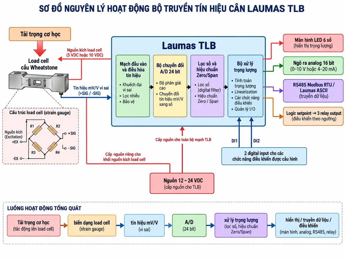 Sơ đồ nguyên lý hoạt động của bộ truyền tín hiệu cân Laumas TLB trên nền trắng, bố cục ngang, chú thích tiếng Việt. Bên trái là “Tải trọng cơ học” tác động lên “Load cell cầu Wheatstone”; từ TLB có nhánh “Nguồn kích load cell” đi tới cầu đo, tín hiệu phản hồi “mV/V vi sai” đi ngược về TLB. Trong TLB lần lượt thể hiện các khối “Mạch đầu vào và điều hòa tín hiệu” → “Bộ chuyển đổi A/D 24 bit” → “Lọc số và hiệu chuẩn Zero/Span” → “Bộ xử lý trọng lượng”. Từ bộ xử lý chia các nhánh tới “Màn hình LED 6 số”, “Ngõ ra analog 16 bit”, “RS485 Modbus RTU/Laumas ASCII” và “Logic setpoint → 3 relay output”; hai digital input đi vào bộ xử lý cho các chức năng điều khiển được cấu hình. Phía dưới là nguồn 12–24 VDC cấp cho toàn bộ mạch TLB và khối nguồn kích load cell. Dùng mũi tên rõ luồng: tải trọng → biến dạng load cell → tín hiệu mV/V → A/D → xử lý trọng lượng → hiển thị/truyền dữ liệu/điều khiển.