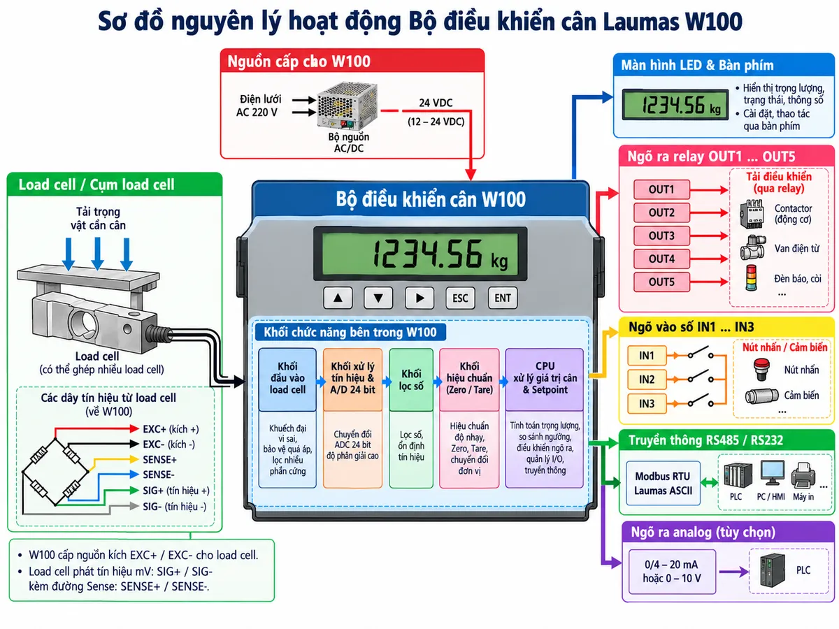 Sơ đồ nguyên lý hoạt động Bộ điều khiển cân Laumas W100 trên nền trắng dạng ngang: khối Load cell/cụm load cell nhận nguồn kích EXC+ và EXC- từ W100, phát tín hiệu SIG+ và SIG- kèm đường Sense về khối đầu vào load cell; tiếp theo là khối xử lý tín hiệu và A/D 24 bit, khối lọc số, khối hiệu chuẩn/zero/tare, CPU xử lý giá trị cân và setpoint; từ CPU chia các nhánh tới màn hình LED và bàn phím, ngõ ra relay OUT1–OUT5, ngõ vào số IN1–IN3, truyền thông RS485/RS232 Modbus RTU hoặc Laumas ASCII tới PLC/PC/màn hình phụ/máy in, và nhánh ngõ ra analog tùy chọn tới PLC; thể hiện mũi tên rõ chiều luồng tín hiệu từ tải cơ học đến dữ liệu cân và tín hiệu điều khiển.