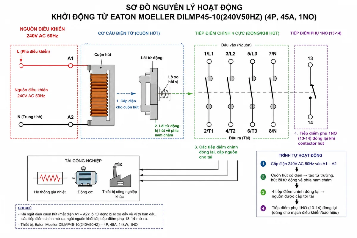 Sơ đồ nguyên lý hoạt động của contactor Eaton Moeller DILMP45-10(240V50HZ), gồm nguồn điều khiển 240V AC 50Hz, cuộn hút điện từ, lõi từ động, bốn tiếp điểm chính, tiếp điểm phụ 1NO, tải công nghiệp và các mũi tên thể hiện trình tự cấp điện điều khiển, hút lõi từ, đóng tiếp điểm và cấp nguồn cho tải, chú thích bằng tiếng Việt