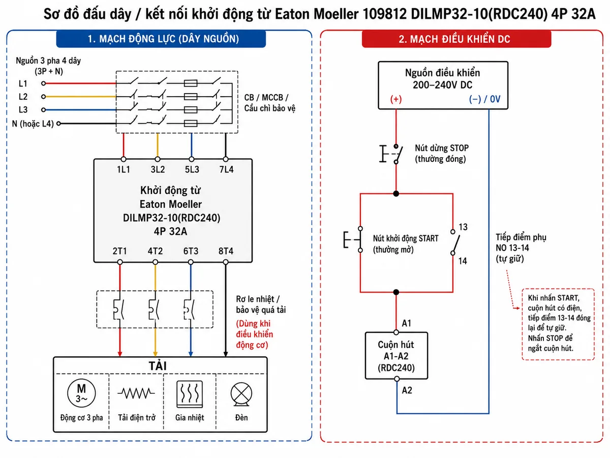 Sơ đồ đấu dây / kết nối khởi động từ Eaton Moeller 109812 DILMP32-10(RDC240) 4P 32A: thể hiện nguồn 3 pha 4 dây L1-L2-L3-N hoặc nguồn 4 cực đi qua CB/MCCB/cầu chì bảo vệ vào các cực phía trên 1L1, 3L2, 5L3, 7L4; các cực ra 2T1, 4T2, 6T3, 8T4 cấp tới tải động cơ 3 pha, tải điện trở, gia nhiệt hoặc đèn; cuộn hút A1-A2 nhận nguồn điều khiển 200-240V DC qua nút STOP thường đóng, nút START thường mở và tiếp điểm phụ NO 13-14 để tự giữ; ghi rõ rơ le nhiệt hoặc bảo vệ quá tải khi dùng cho động cơ, dây nguồn và dây điều khiển tách biệt, phong cách sơ đồ kỹ thuật sạch, nền trắng