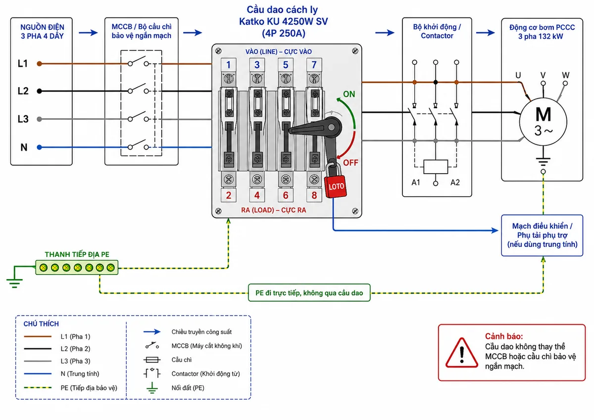 Vẽ sơ đồ đấu dây cầu dao cách ly Katko KU 4250W SV trên nền trắng, bố cục ngang. Bên trái là nguồn ba pha bốn dây L1-L2-L3-N đi qua MCCB hoặc bộ cầu chì bảo vệ ngắn mạch được chọn theo thiết kế. Từ thiết bị bảo vệ, L1-L2-L3-N lần lượt đi vào các cực 1-3-5-7 của KU 4250W SV; bốn cực ra 2-4-6-8 được ghi rõ. Các cực 2-4-6 cấp đến bộ khởi động, contactor và động cơ bơm PCCC 3 pha 132 kW; cực 8 đưa dây N đến mạch điều khiển hoặc phụ tải phụ trợ nếu hệ thống sử dụng trung tính. Thể hiện dây PE đi trực tiếp từ thanh tiếp địa đến vỏ tủ và vỏ động cơ, tuyệt đối không đi qua cầu dao. Bổ sung tay xoay trực tiếp ON-OFF, mũi tên chiều truyền công suất, nhãn LOTO tại OFF và cảnh báo cầu dao không thay thế MCCB hoặc cầu chì bảo vệ ngắn mạch.