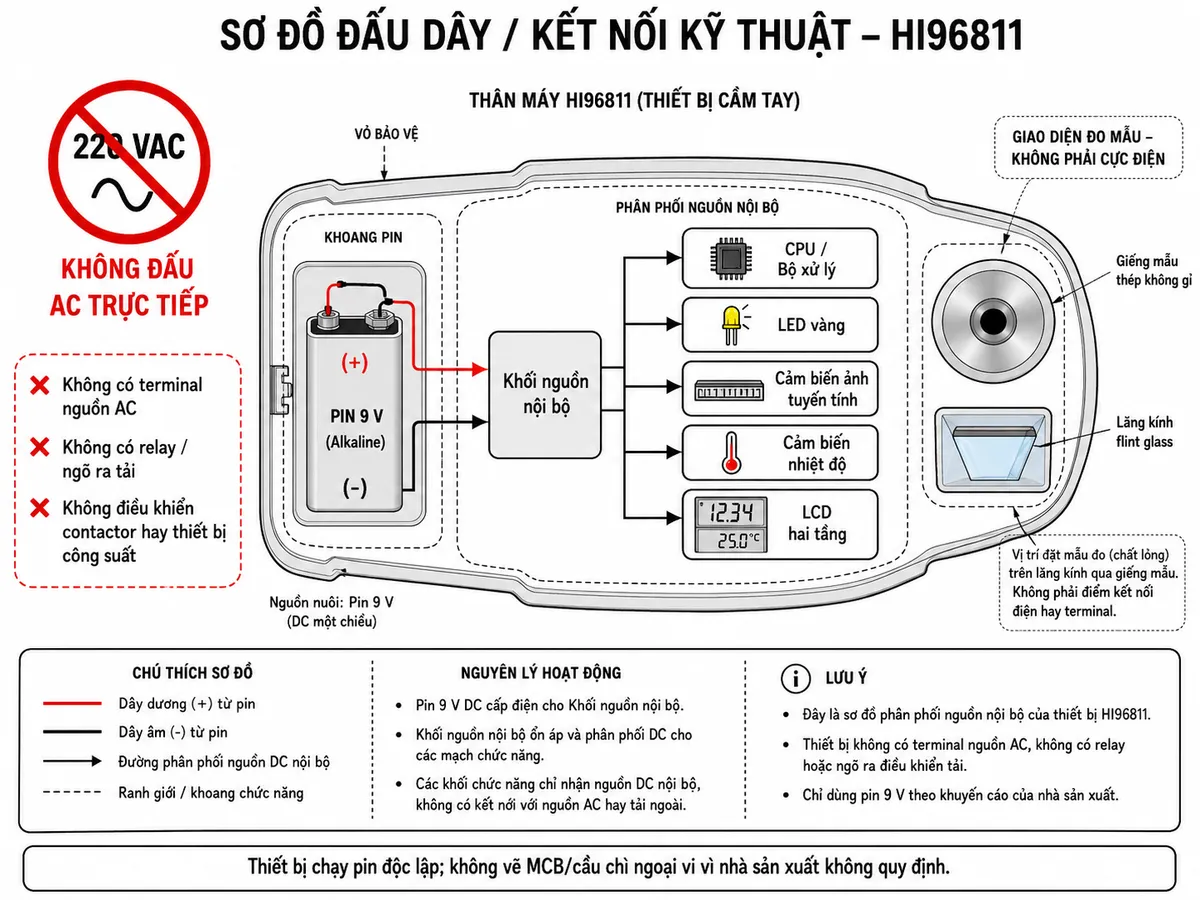Sơ đồ đấu dây / kết nối kỹ thuật của khúc xạ kế Hanna HI96811 trên nền trắng: thể hiện pin 9 V trong khoang pin với cực (+) và (−) cấp vào khối nguồn nội bộ của HI96811; từ khối nguồn phân phối đến CPU, LED vàng, cảm biến ảnh tuyến tính, cảm biến nhiệt độ và LCD hai tầng. Thể hiện giếng mẫu thép không gỉ và lăng kính flint glass là giao diện đo mẫu, không phải cực điện. Ghi rõ HI96811 không có terminal nguồn AC, không có relay/ngõ ra tải và không điều khiển contactor hay thiết bị công suất; đặt ký hiệu nguồn 220 VAC bên ngoài với dấu cấm và chú thích “KHÔNG ĐẤU AC TRỰC TIẾP”. Do thiết bị chạy pin độc lập nên không vẽ MCB/cầu chì ngoại vi giả định nếu nhà sản xuất không quy định; thể hiện vỏ bảo vệ thiết bị và khoang pin theo đúng cấu trúc máy.