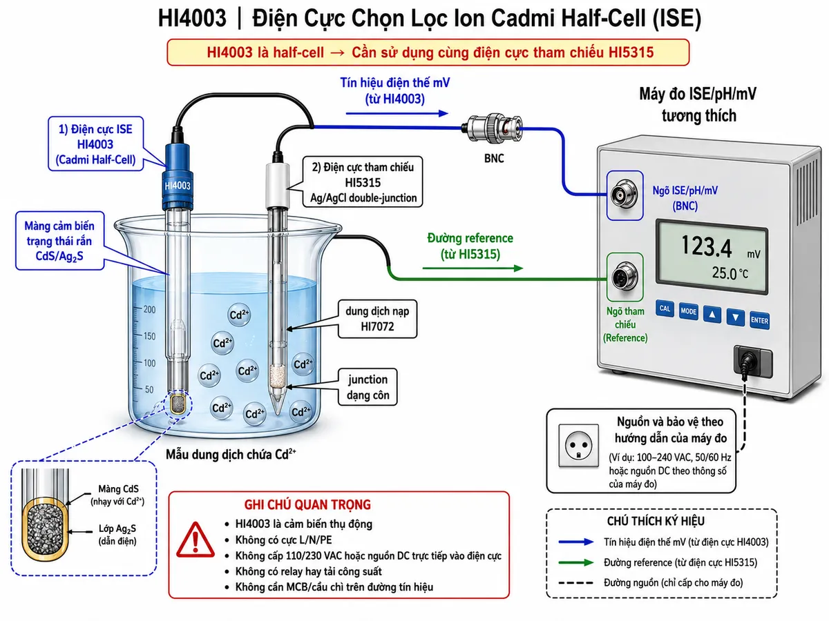 Vẽ sơ đồ đấu dây/kết nối kỹ thuật của điện cực chọn lọc ion cadmi half-cell Hanna HI4003 trên nền trắng, bố cục ngang. Bên trái là cốc mẫu chứa Cd²⁺, trong mẫu có hai điện cực: HI4003 với màng cảm biến trạng thái rắn CdS/Ag₂S và điện cực tham chiếu HI5315 Ag/AgCl double-junction có junction dạng côn, dung dịch nạp HI7072. Từ HI4003 đi ra cáp tín hiệu và đầu nối BNC tới ngõ ISE/pH/mV BNC của máy đo tương thích; HI5315 đi bằng đường reference riêng tới ngõ tham chiếu của máy đo. Ghi rõ HI4003 là cảm biến thụ động, không có cực L/N/PE, không cấp 110/230 VAC hoặc nguồn DC trực tiếp, không có relay hay tải công suất và không cần MCB/cầu chì trên đường tín hiệu. Nếu thể hiện nguồn của máy đo, đặt thành khối riêng ghi “Nguồn và bảo vệ theo hướng dẫn của máy đo”, không nối nguồn này vào HI4003. Phân biệt rõ đường tín hiệu điện cực với đường nguồn của máy đo.