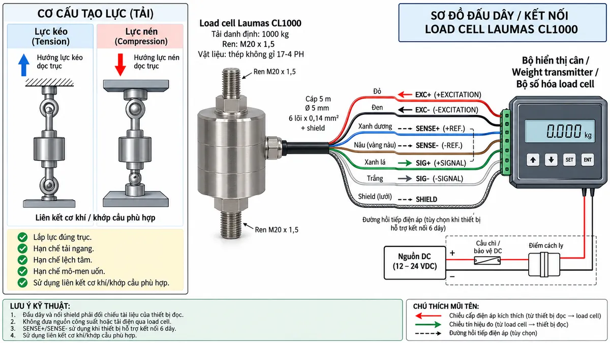 Vẽ sơ đồ đấu dây/kết nối kỹ thuật cho Laumas CL30000 trên nền trắng, bố cục ngang. Bên trái thể hiện tải cơ học kéo hoặc nén tác động đúng trục qua hai liên kết cơ khí hoặc khớp cầu phù hợp tới load cell CL30000 tải danh định 30.000 kg ở giữa; ghi chú cảm biến bằng thép không gỉ 17-4 PH và liên kết ren M48 x 3. Từ CL30000 vẽ cáp load cell dài 5 m, đường kính 5 mm, 6 lõi x 0,14 mm² cùng shield đi sang bộ hiển thị cân, weight transmitter hoặc bộ số hóa load cell ở bên phải. Thể hiện +EXCITATION/EXC+ dây đỏ và -EXCITATION/EXC- dây đen từ thiết bị điện tử cân cấp điện áp kích thích tới load cell; +SIGNAL/SIG+ dây xanh lá và -SIGNAL/SIG- dây trắng truyền tín hiệu vi sai từ load cell về thiết bị; +REF./SENSE dây xanh dương và -REF./SENSE dây nâu/vàng là đường hồi tiếp điện áp cho kết nối sáu dây; thể hiện SHIELD và ghi chú nối shield theo manual thiết bị. Nguồn cấp cho bộ hiển thị/weight transmitter đi qua cầu chì hoặc thiết bị bảo vệ phù hợp và điểm cách ly trước khi bảo trì. Ghi chú lực phải truyền đúng trục, tránh tải ngang, lệch tâm, xoắn và mô-men uốn; không tự gán số chân terminal của thiết bị đọc nếu chưa đối chiếu manual.
