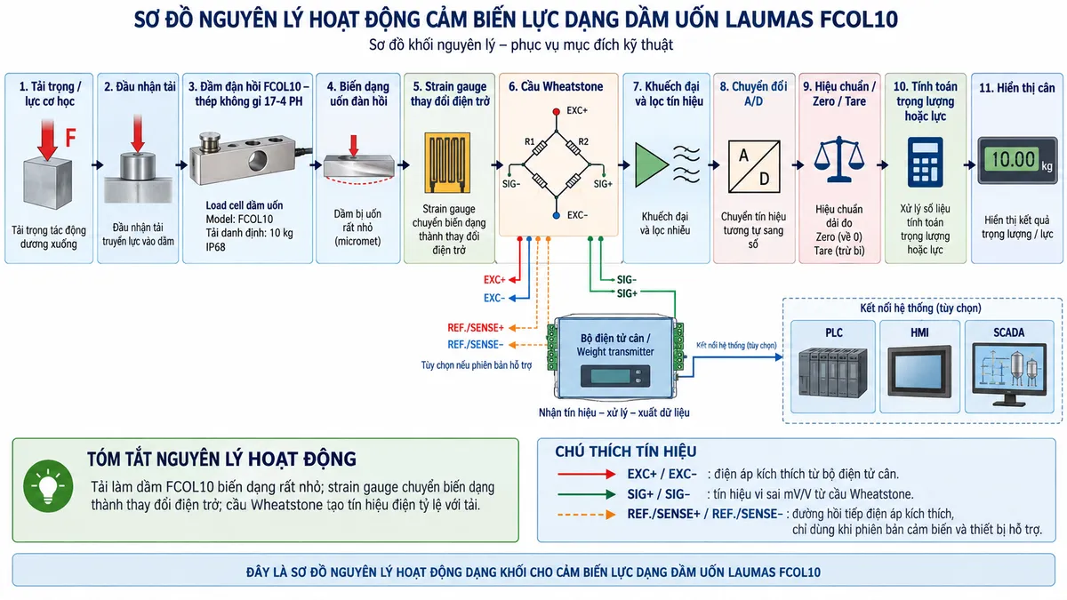 Vẽ sơ đồ đấu dây/kết nối kỹ thuật cho cảm biến lực dạng dầm uốn Laumas FCOL50 trên nền trắng, bố cục ngang. Bên trái thể hiện bồn, phễu cân, bàn cân hoặc cơ cấu máy truyền tải trọng đúng phương xuống đầu nhận tải của FCOL50; đầu cố định của dầm được bắt chắc vào khung hoặc bề mặt gá cứng, có chú thích hạn chế lực ngang, tải lệch tâm và mô-men xoắn. Ở giữa vẽ load cell FCOL50 dạng dầm uốn bằng thép không gỉ 17-4 PH, tải danh định 50 kg, IP68 và cáp load cell đi sang bộ hiển thị cân, weight transmitter hoặc bộ số hóa ở bên phải. Thể hiện các đường chức năng EXC+ và EXC- từ thiết bị điện tử cân cấp điện áp kích thích tới cầu Wheatstone; SIG+ và SIG- từ FCOL50 mang tín hiệu vi sai mV/V về thiết bị xử lý; SHIELD nối theo hướng dẫn EMC. Nếu datasheet đúng mã cấu hình FCOL50 xác nhận có REF./SENSE+ và REF./SENSE- thì thể hiện dưới dạng tùy chọn, không tự gán màu dây hoặc chân đấu nối nếu chưa được tài liệu chính thức xác nhận. Vẽ nguồn cấp riêng cho bộ điện tử cân đi qua cầu chì hoặc MCB và công tắc cách ly trước khi vào thiết bị; PE nối vỏ hoặc tủ điện theo quy tắc an toàn và không đi qua load cell. Ghi chú rõ không cấp trực tiếp nguồn AC lưới vào FCOL50 và phải kiểm tra datasheet đúng mã cấu hình trước khi đấu dây.