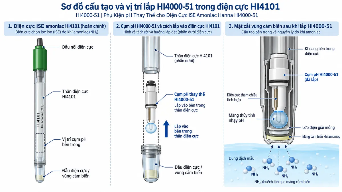 Sơ đồ cấu tạo và vị trí lắp cụm pH thay thế HI4000-51 bên trong điện cực ISE amoniac Hanna HI4101