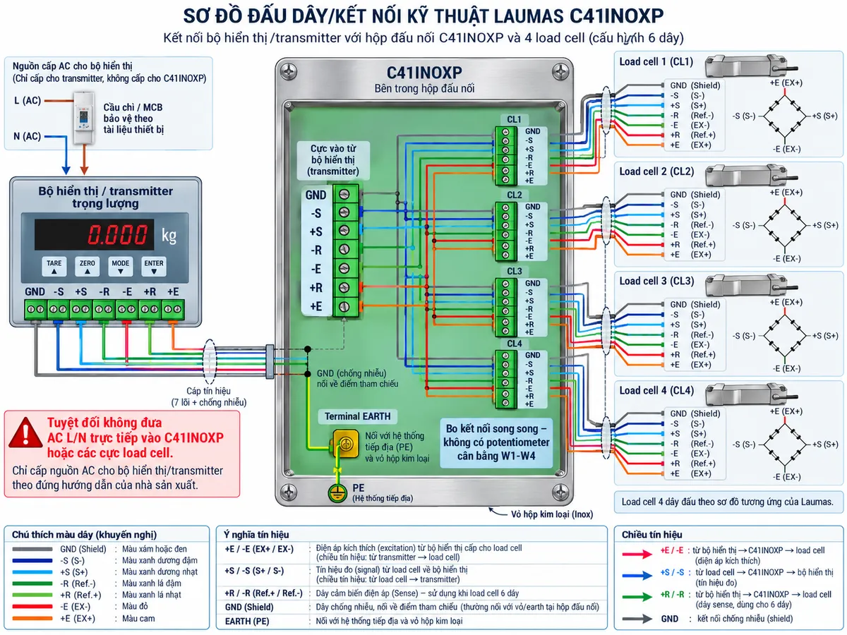 Sơ đồ đấu dây/kết nối kỹ thuật Laumas C41INOXP trên nền trắng, bố cục ngang, chú thích tiếng Việt. Bên trái là “Bộ hiển thị / transmitter trọng lượng”; nguồn AC của riêng bộ hiển thị/transmitter đi qua cầu chì hoặc MCB bảo vệ theo tài liệu thiết bị, tuyệt đối không đưa AC L/N trực tiếp vào C41INOXP hoặc các cực load cell. Từ bộ hiển thị/transmitter kéo cáp cân tới C41INOXP gồm các đường GND, -S, +S, -R, -E, +R, +E. Ở giữa là hộp inox C41INOXP có đầu nối chung và 4 kênh CL1, CL2, CL3, CL4; mỗi kênh thể hiện đúng các cực GND, -S, +S, -R, -E, +R, +E; ghi rõ “bo kết nối song song – không có potentiometer cân bằng W1-W4”. Bên phải bố trí 4 load cell cầu Wheatstone; minh họa cấu hình 6 dây với EX+/EX-, S+/S-, +R/-R Ref./Sense và shield/GND; thêm ghi chú load cell 4 dây phải đấu theo sơ đồ tương ứng của Laumas. Thể hiện terminal EARTH của C41INOXP nối với hệ thống PE/tiếp địa và vỏ hộp. Dùng mũi tên rõ chiều: excitation +E/-E từ transmitter → C41INOXP → các load cell; tín hiệu mV/V +S/-S từ load cell → C41INOXP → đầu nối chung → transmitter; +R/-R là Ref./Sense khi dùng cấu hình 6 dây; GND nối shield. Không vẽ mạch equalization hoặc bộ chống sét tích hợp nếu tài liệu C41INOXP không công bố.