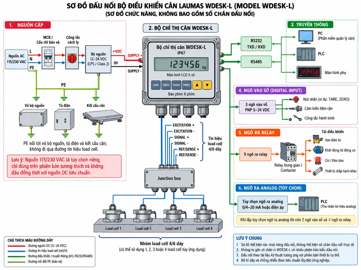Vẽ sơ đồ đấu dây và kết nối Bộ điều khiển cân Laumas WDESK-L trên nền trắng, bố cục ngang, chú thích tiếng Việt. Bên trái thể hiện nguồn AC gồm L, N và PE đi qua MCB hoặc cầu chì bảo vệ và công tắc cách ly, sau đó cấp cho bộ nguồn 12–24 VDC loại LPS/Class 2; từ bộ nguồn nối +VDC và 0V tới các cực SUPPLY + và SUPPLY - của WDESK-L. Ghi chú nguồn 115/230 VAC là tùy chọn riêng, chỉ dùng trên phiên bản tương thích và không đấu đồng thời với nguồn DC tiêu chuẩn. PE nối tới vỏ bộ nguồn, tủ điện và kết cấu cân theo hệ thống tiếp địa, không đi qua đường tín hiệu load cell. Ở giữa vẽ WDESK-L dạng bộ chỉ thị cân IP67 với màn hình LCD 6 số và bàn phím 6 phím. Phía dưới thể hiện nhóm load cell 4/6 dây với các đường EXCITATION +, EXCITATION -, SIGNAL +, SIGNAL -, REF/SENSE + và REF/SENSE -; minh họa nhiều load cell nối qua junction box trước khi vào WDESK-L. Bên phải thể hiện RS232 với TXD/RXD và RS485 để kết nối PLC/PC/màn hình phụ, 3 ngõ vào số PNP 5–24 VDC và 5 ngõ ra relay điều khiển tải qua relay trung gian hoặc contactor khi cần; ghi chú khi lắp tùy chọn ngõ ra analog thì còn 2 ngõ vào số và 4 ngõ ra relay. Có thể minh họa tùy chọn ngõ ra analog 0/4–20 mA hoặc điện áp nối PLC. Dùng mũi tên phân biệt đường nguồn, tín hiệu load cell và tín hiệu điều khiển; không tự gán số chân vì WDESK-L có nhiều phiên bản kiểu đầu nối.