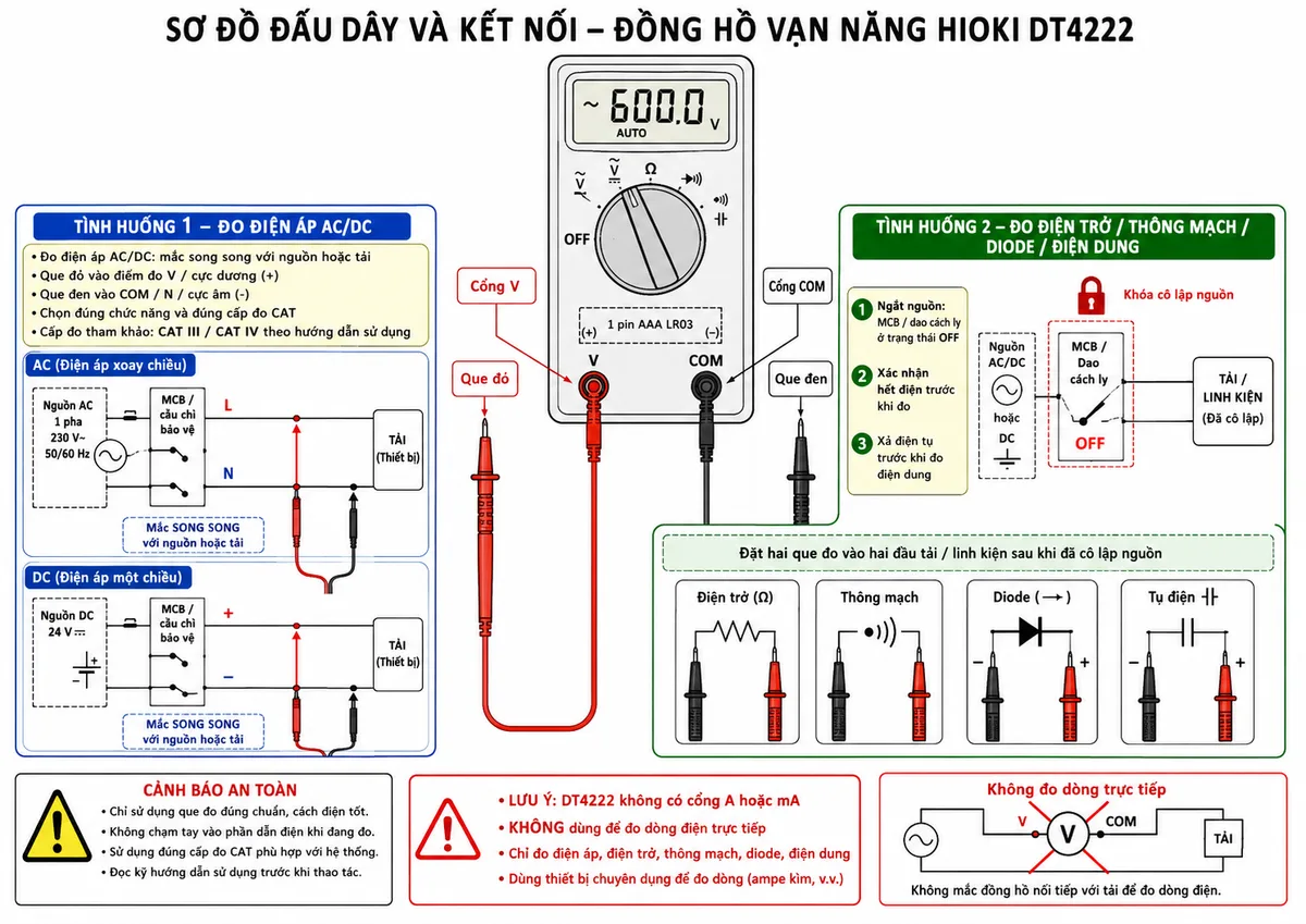 Vẽ sơ đồ đấu dây và kết nối Đồng hồ vạn năng HIOKI DT4222, nền trắng, bố cục ngang, nhãn tiếng Việt, phong cách kỹ thuật điện công nghiệp. Thể hiện rõ đồng hồ DT4222 được cấp nguồn nội bộ bằng 1 pin AAA LR03, cổng V nối que đỏ và cổng COM nối que đen. Chia sơ đồ thành hai tình huống: tình huống đo điện áp AC/DC, hai que đo mắc song song với nguồn hoặc tải, phía nguồn có MCB hoặc cầu chì bảo vệ và ghi chú chọn đúng cấp đo CAT; tình huống đo điện trở, thông mạch, diode hoặc điện dung, MCB hoặc dao cách ly ở trạng thái OFF, khóa cô lập nguồn, xác nhận hết điện, xả điện tụ rồi đặt hai que đo vào hai đầu tải hoặc linh kiện. Thể hiện DT4222 không có cổng A hoặc mA và không dùng để đo dòng điện trực tiếp. Dùng mũi tên, ký hiệu L, N, dương, âm và các cảnh báo an toàn rõ ràng.