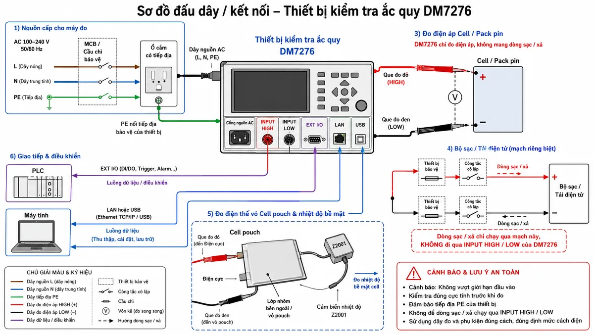 Vẽ sơ đồ đấu dây và kết nối của thiết bị kiểm tra ắc quy HIOKI DM7276, nền trắng, bố cục ngang, nhãn tiếng Việt, phong cách kỹ thuật điện công nghiệp. Thể hiện nguồn AC 100–240 V gồm L, N và PE đi qua MCB hoặc cầu chì bảo vệ và ổ cắm có tiếp địa tới cổng nguồn của DM7276. Vẽ rõ cổng INPUT HIGH nối que đỏ tới cực dương của cell hoặc pack pin, cổng INPUT LOW nối que đen tới cực âm; DM7276 mắc song song và không mang dòng sạc/xả. Vẽ bộ sạc hoặc tải điện tử nối riêng với cell qua thiết bị bảo vệ và công tắc cô lập. Bổ sung nhánh đo điện thế vỏ cell pouch với một đầu đo tới điện cực và đầu còn lại tới lớp nhôm bên ngoài, cảm biến nhiệt độ Z2001 đặt trên bề mặt cell, EXT I/O nối PLC, LAN hoặc USB nối máy tính. Dùng mũi tên chỉ luồng dữ liệu và ghi cảnh báo không vượt giới hạn đầu vào, kiểm tra đúng cực tính và tiếp địa thiết bị trước khi đo.