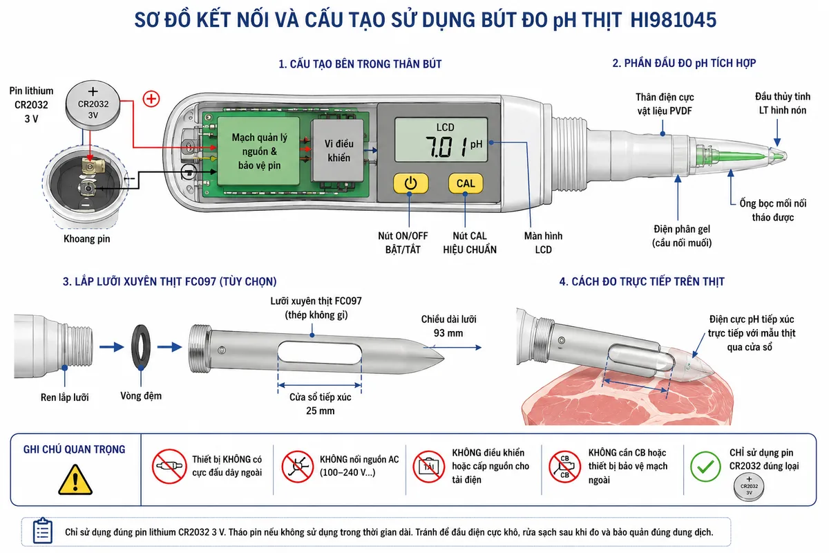 Vẽ sơ đồ kết nối sử dụng Bút Đo pH Thịt Với Điện Cực Chuyên Dụng Hanna HI981045, nền trắng, bố cục ngang và nhãn tiếng Việt. Thể hiện pin lithium CR2032 3 V với cực dương và cực âm tiếp xúc khoang pin, mạch quản lý nguồn và bảo vệ pin bên trong thân bút, nút ON/OFF, nút CAL và màn hình LCD. Phần đầu đo gồm điện cực pH tích hợp bằng PVDF, đầu thủy tinh LT hình nón, ống bọc mối nối tháo được và điện phân gel. Vẽ lưỡi xuyên thịt FC097 tùy chọn được lắp bằng ren và vòng đệm, có cửa sổ 25 mm để điện cực tiếp xúc với mẫu thịt. Ghi chú rõ thiết bị không có cực đấu dây ngoài, không nối nguồn AC, không điều khiển tải điện, không cần CB hoặc thiết bị bảo vệ mạch ngoài và chỉ sử dụng pin CR2032 đúng loại.