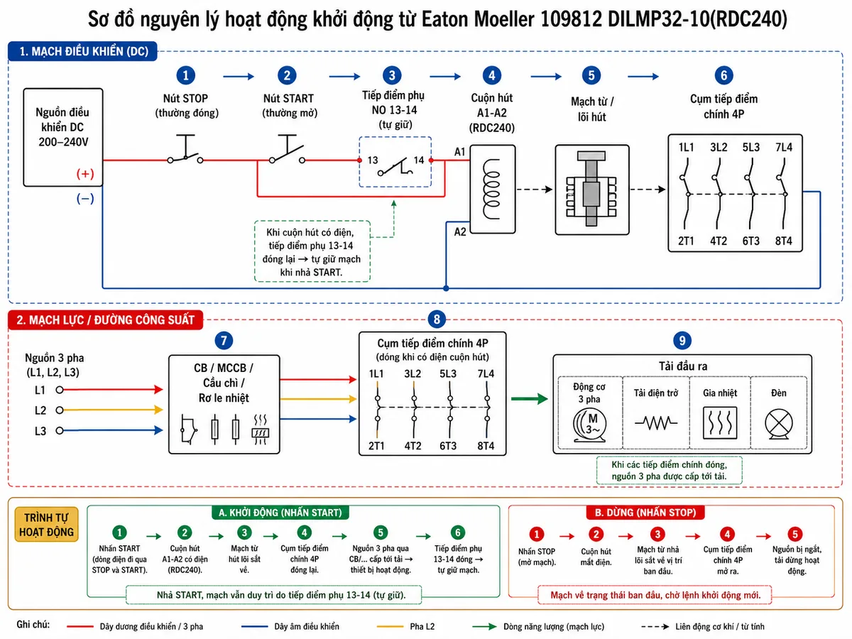 Sơ đồ nguyên lý hoạt động khởi động từ Eaton Moeller 109812 DILMP32-10(RDC240): thể hiện các khối chức năng gồm nguồn điều khiển DC 200-240V, nút STOP thường đóng, nút START thường mở, tiếp điểm phụ NO 13-14 tự giữ, cuộn hút A1-A2, mạch từ/lõi hút, cụm tiếp điểm chính 4P, thiết bị bảo vệ CB/MCCB/cầu chì/rơ le nhiệt và tải đầu ra; dùng mũi tên mô tả luồng tín hiệu điều khiển làm cuộn hút hút lõi từ, đóng tiếp điểm chính, cấp điện cho tải và phản hồi trạng thái qua tiếp điểm phụ; phong cách infographic kỹ thuật rõ ràng, bố cục sạch, nền trắng