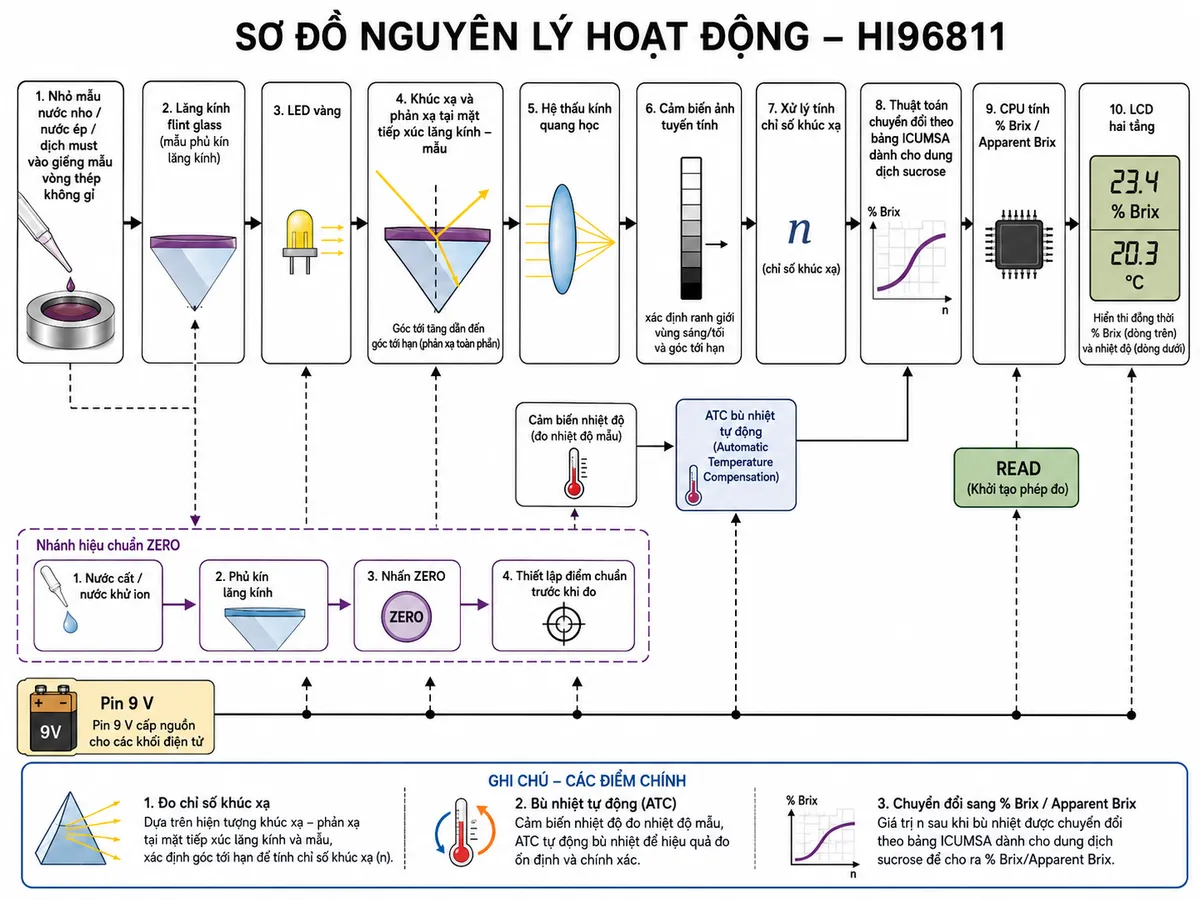 Sơ đồ nguyên lý hoạt động Hanna HI96811 dạng block diagram kỹ thuật trên nền trắng: mẫu nước nho, nước ép hoặc dịch must được nhỏ bằng pipet nhựa vào giếng mẫu vòng thép không gỉ → mẫu phủ kín lăng kính flint glass → LED vàng phát ánh sáng qua lăng kính → khúc xạ và phản xạ tại mặt tiếp xúc lăng kính–mẫu → hệ thấu kính quang học → cảm biến ảnh tuyến tính xác định ranh giới vùng sáng/tối và góc tới hạn → khối xử lý tính chỉ số khúc xạ. Từ cảm biến nhiệt độ tạo nhánh vào khối ATC bù nhiệt tự động → thuật toán chuyển đổi theo bảng ICUMSA dành cho dung dịch sucrose → CPU tính % Brix/Apparent Brix → LCD hai tầng hiển thị % Brix và nhiệt độ. Bổ sung nhánh hiệu chuẩn ZERO: nước cất hoặc nước khử ion → phủ kín lăng kính → nhấn ZERO → thiết lập điểm chuẩn trước khi đo; thể hiện nút READ khởi tạo phép đo và pin 9 V cấp nguồn cho toàn bộ các khối điện tử.