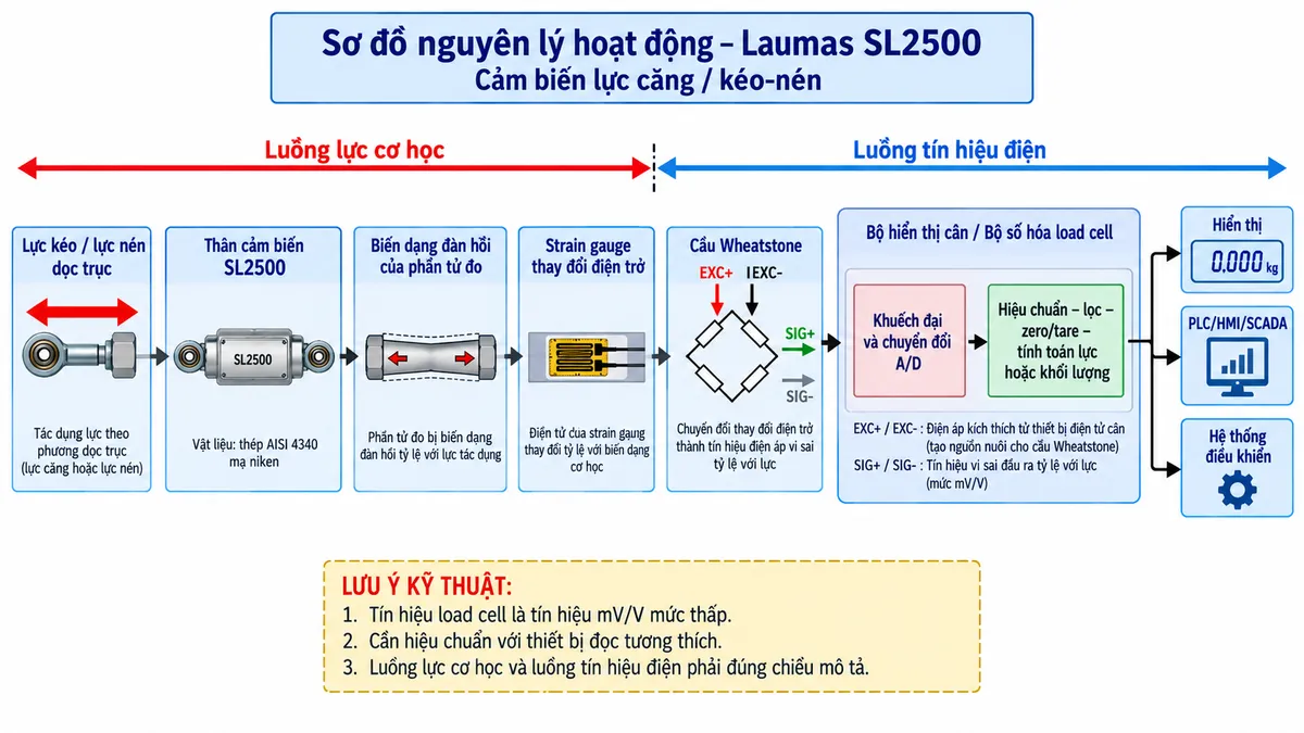 Vẽ sơ đồ nguyên lý hoạt động dạng khối cho Laumas SL2500 trên nền trắng, bố cục ngang. Bắt đầu từ khối “Lực kéo / lực nén dọc trục” tác động lên thân cảm biến SL2500 bằng thép AISI 4340 mạ niken; tiếp theo là khối “Biến dạng đàn hồi của phần tử đo”; khối “Strain gauge thay đổi điện trở”; khối “Cầu Wheatstone”; thể hiện điện áp EXC+/EXC- từ bộ điện tử cân cấp vào cầu đo và tín hiệu vi sai SIG+/SIG- đầu ra tỷ lệ với lực. Tín hiệu tiếp tục tới khối “Khuếch đại và chuyển đổi A/D” trong bộ hiển thị cân/weight transmitter/bộ số hóa, sau đó tới khối “Hiệu chuẩn – lọc – zero/tare – tính toán lực hoặc khối lượng”, cuối cùng chia nhánh tới “Hiển thị”, “PLC/HMI/SCADA” hoặc hệ thống điều khiển tùy thiết bị đọc. Dùng mũi tên thể hiện rõ luồng lực cơ học và luồng tín hiệu điện.