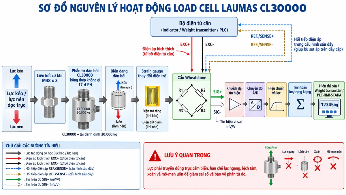 Vẽ sơ đồ nguyên lý hoạt động dạng khối cho Laumas CL30000 trên nền trắng, bố cục ngang. Bắt đầu từ “Lực kéo / lực nén dọc trục” → “Liên kết cơ khí M48 x 3” → “Phần tử đàn hồi CL30000 bằng thép không gỉ 17-4 PH” → “Biến dạng đàn hồi” → “Strain gauge thay đổi điện trở” → “Cầu Wheatstone”. Từ khối “Bộ điện tử cân” vẽ EXC+/EXC- cấp điện áp kích thích vào cầu Wheatstone; REF./SENSE+ và REF./SENSE- hồi tiếp điện áp về thiết bị điện tử cân trong cấu hình sáu dây. Từ cầu Wheatstone vẽ SIG+/SIG- là tín hiệu vi sai mV/V đi tới “Khuếch đại tín hiệu” → “Chuyển đổi A/D” → “Hiệu chuẩn và lọc” → “Tính toán lực/trọng lượng” → “Hiển thị cân / Weight transmitter / PLC-HMI-SCADA”. Ghi chú CL30000 có tải danh định 30.000 kg; lực phải truyền đúng trục cảm biến, hạn chế lực ngang, lệch tâm, xoắn và mô-men uốn để giảm sai số và bảo vệ phần tử đo.