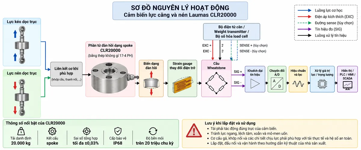 Vẽ sơ đồ nguyên lý hoạt động dạng khối cho Laumas CLR20000 trên nền trắng, bố cục ngang. Bắt đầu từ hai nhánh “Lực kéo dọc trục” và “Lực nén dọc trục” hội tụ vào “Liên kết cơ khí phù hợp” → “Phần tử đàn hồi dạng spoke CLR20000 bằng thép không gỉ 17-4 PH” → “Biến dạng đàn hồi” → “Strain gauge thay đổi điện trở” → “Cầu Wheatstone”. Từ khối “Bộ điện tử cân / Weight transmitter / Bộ số hóa load cell” vẽ EXC+ và EXC- cấp điện áp kích thích tới cầu Wheatstone; nếu hệ thống hỗ trợ sense thì vẽ SENSE+ và SENSE- dưới dạng đường phản hồi tùy chọn. Từ cầu Wheatstone vẽ SIG+ và SIG- mang tín hiệu vi sai tới “Khuếch đại tín hiệu” → “Chuyển đổi A/D” → “Hiệu chuẩn và lọc” → “Xử lý giá trị lực / trọng lượng” → “Hiển thị / PLC / HMI / SCADA”. Thêm các khối chú thích riêng: “Tải danh định: 20.000 kg”, “Kết cấu spoke”, “Sai số tổng hợp tối đa ±0,03%”, “Cấp bảo vệ IP68”, “Độ bền mỏi trên 20 triệu chu kỳ”. Dùng mũi tên rõ ràng để phân biệt luồng lực cơ học, điện áp kích thích, đường sense và tín hiệu đo. Ghi chú tải phải tác động đúng trục; tránh lực ngang, lệch tâm, xoắn và mô-men uốn.