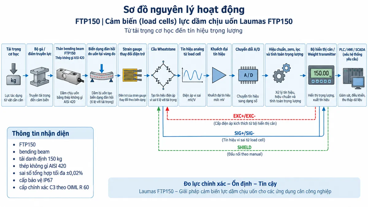 Vẽ sơ đồ nguyên lý hoạt động dạng khối cho Laumas FTP150 trên nền trắng, bố cục ngang. Luồng chính gồm: Tải trọng cơ học → Bộ gá / điểm truyền lực → Thân bending beam FTP150 bằng thép không gỉ AISI 420 → Biến dạng đàn hồi do uốn tại vùng đo → Strain gauge thay đổi điện trở → Cầu Wheatstone → Tín hiệu analog từ load cell → Khuếch đại tín hiệu → Chuyển đổi A/D → Hiệu chuẩn, zero, lọc và tính toán trọng lượng → Bộ hiển thị cân / Weight transmitter → PLC / HMI / SCADA nếu hệ thống yêu cầu. Vẽ nhánh từ thiết bị điện tử cân cấp EXC+/EXC- tới cầu Wheatstone và nhận SIG+/SIG- trở về; thể hiện SHIELD đi theo cáp tín hiệu với ghi chú đấu nối theo manual. Bổ sung khối thông tin nhận diện gồm: FTP150, bending beam, tải danh định 150 kg, thép không gỉ AISI 420, sai số tổng hợp tối đa ±0,02%, cấp bảo vệ IP67 và cấp chính xác C3 theo OIML R 60.