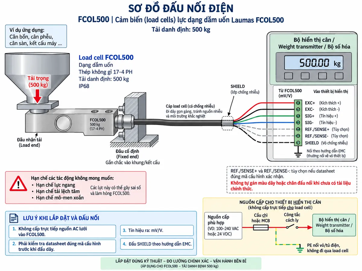 Vẽ sơ đồ nguyên lý hoạt động dạng khối cho Laumas FCOL50 trên nền trắng, bố cục ngang. Thể hiện luồng từ trái sang phải: “Tải trọng / lực cơ học” → “Đầu nhận tải” → “Dầm đàn hồi FCOL50 bằng thép không gỉ 17-4 PH” → “Biến dạng uốn đàn hồi” → “Strain gauge thay đổi điện trở” → “Cầu Wheatstone”. Từ khối “Bộ điện tử cân / Weight transmitter” vẽ EXC+ và EXC- cấp điện áp kích thích vào cầu Wheatstone; nếu cấu hình cụ thể hỗ trợ sense thì thể hiện REF./SENSE+ và REF./SENSE- dưới dạng tùy chọn. Từ cầu Wheatstone vẽ SIG+ và SIG- mang tín hiệu vi sai mV/V → “Khuếch đại và lọc tín hiệu” → “Chuyển đổi A/D” → “Hiệu chuẩn / Zero / Tare” → “Tính toán trọng lượng hoặc lực” → “Hiển thị cân”. Từ khối xử lý vẽ các nhánh tùy chọn tới PLC, HMI và SCADA khi weight transmitter hoặc thiết bị cân có giao tiếp tương thích. Bổ sung chú thích nguyên lý: tải làm dầm FCOL50 biến dạng rất nhỏ; strain gauge chuyển biến dạng thành thay đổi điện trở; cầu Wheatstone tạo tín hiệu điện tỷ lệ với tải.