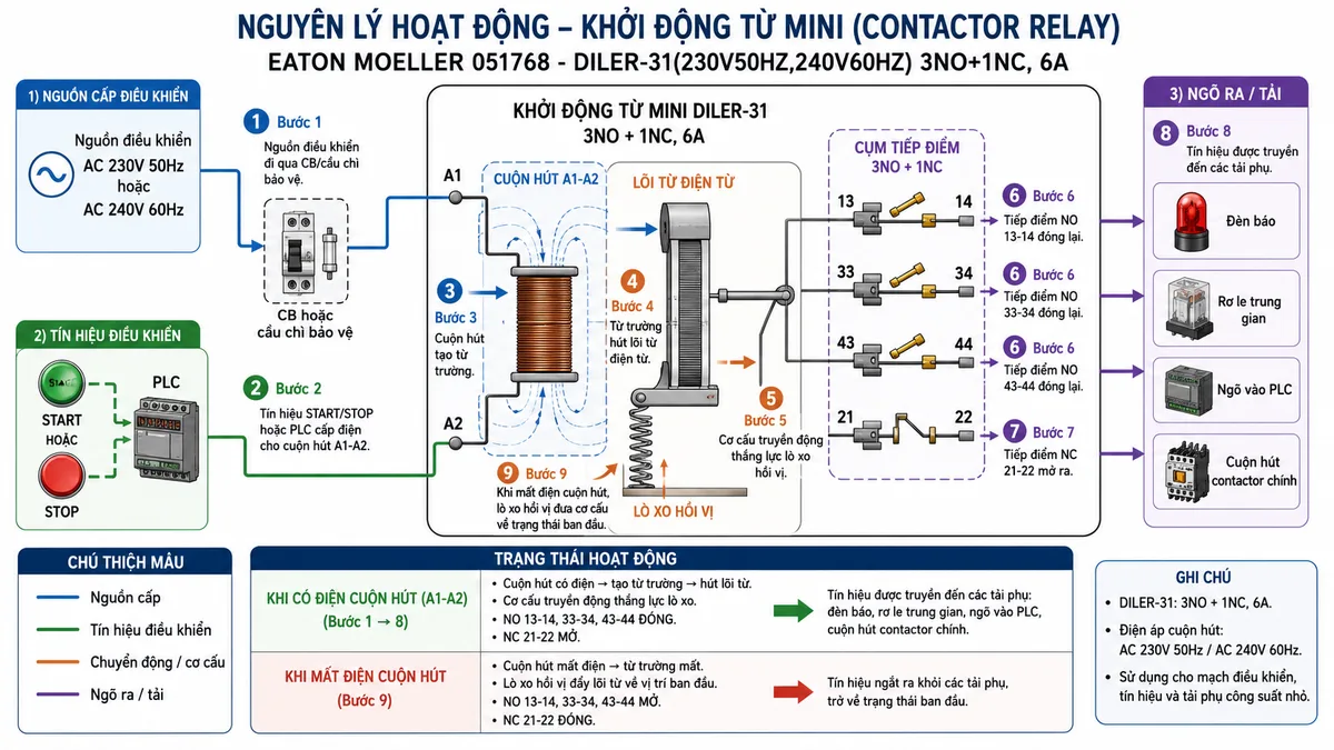 Sơ đồ nguyên lý hoạt động của Khởi động từ mini Eaton Moeller 051768 DILER-31(230V50HZ,240V60HZ): thể hiện các khối chức năng gồm nguồn AC 230V 50Hz hoặc 240V 60Hz, CB hoặc cầu chì bảo vệ, tín hiệu START/STOP hoặc PLC, cuộn hút A1-A2, lõi từ điện từ, lò xo hồi vị, cụm tiếp điểm 3NO+1NC; dùng mũi tên mô tả luồng hoạt động từ cấp điện cho cuộn hút, tạo từ trường, hút lõi từ, đóng các tiếp điểm NO 13-14, 33-34, 43-44 và mở tiếp điểm NC 21-22, truyền tín hiệu đến đèn báo, rơ le trung gian, PLC và contactor chính; bố cục sơ đồ kỹ thuật sạch, nền trắng, chú thích tiếng Việt