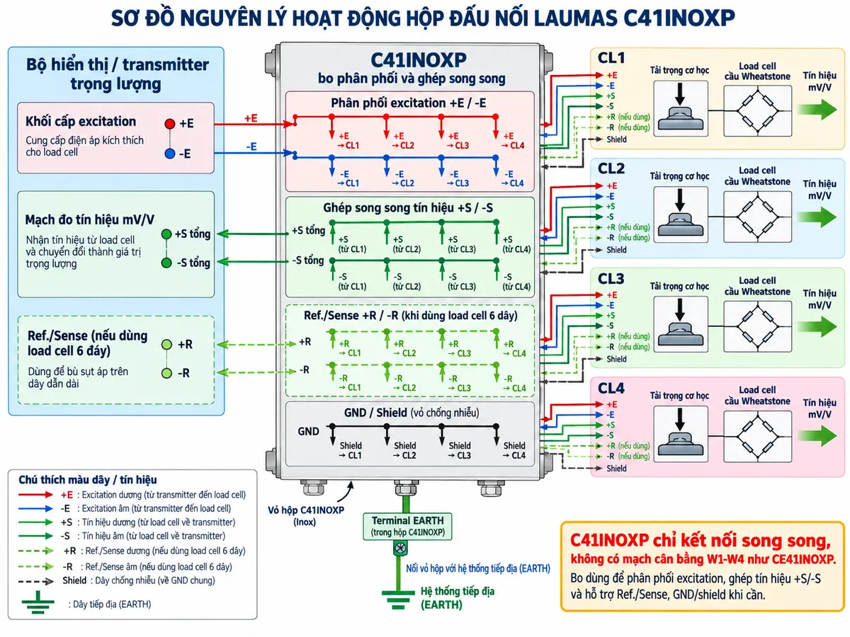 Sơ đồ nguyên lý hoạt động Laumas C41INOXP trên nền trắng, bố cục ngang, chú thích tiếng Việt. Bên trái là “Bộ hiển thị / transmitter trọng lượng” gồm khối cấp excitation và mạch đo tín hiệu mV/V. Ở giữa là “C41INOXP – bo phân phối và ghép song song”, trong đó +E/-E được phân phối tới 4 nhánh CL1, CL2, CL3, CL4; +S/-S của bốn nhánh được ghép về đường tín hiệu tổng; +R/-R là Ref./Sense khi dùng load cell 6 dây; GND liên kết shield. Bên phải bố trí bốn chuỗi “Tải trọng cơ học” → “Load cell cầu Wheatstone” → “Tín hiệu mV/V”. Dùng mũi tên rõ chiều: transmitter → excitation +E/-E → C41INOXP → load cell; tải trọng → cầu Wheatstone → tín hiệu +S/-S → C41INOXP → mạch đo → giá trị trọng lượng. Ghi chú nổi bật “C41INOXP chỉ kết nối song song, không có mạch cân bằng W1-W4 như CE41INOXP”. Thể hiện terminal EARTH nối vỏ hộp với hệ thống tiếp địa; không tự vẽ bộ chống sét/xung điện tích hợp khi model không công bố chức năng này.