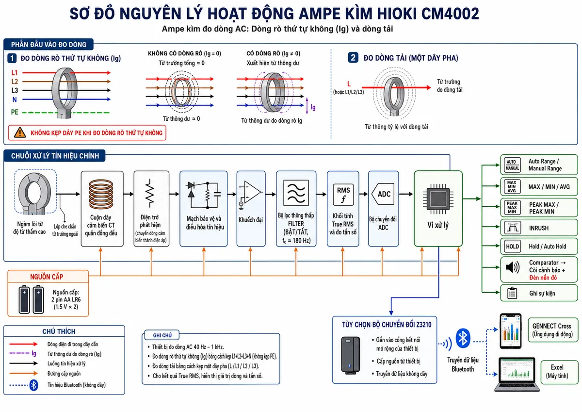 Sơ đồ nguyên lý hoạt động dạng khối của Ampe kìm HIOKI CM4002, nền trắng, bố cục ngang, phong cách kỹ thuật điện công nghiệp và nhãn tiếng Việt; thể hiện dây dẫn L-N hoặc L1-L2-L3-N tạo từ trường tổng, từ thông dư xuất hiện khi có dòng rò Ig; ngàm lõi từ độ từ thẩm cao và lớp che chắn từ trường ngoài; cuộn dây cảm biến CT quấn đồng đều; điện trở phát hiện chuyển dòng cảm biến thành điện áp; mạch bảo vệ và điều hòa tín hiệu; khuếch đại; bộ lọc thông thấp FILTER có thể bật hoặc tắt với tần số cắt khoảng 180 Hz; khối tính True RMS và đo tần số; bộ chuyển đổi ADC; vi xử lý; màn hình hiển thị; các nhánh chức năng Auto Range hoặc Manual Range, MAX/MIN/AVG, PEAK MAX/PEAK MIN, INRUSH, Hold và Auto Hold, Comparator điều khiển còi và đèn nền đỏ, ghi sự kiện; tùy chọn bộ chuyển đổi Z3210 truyền dữ liệu Bluetooth đến GENNECT Cross hoặc Excel; nguồn cấp 2 pin AA LR6
