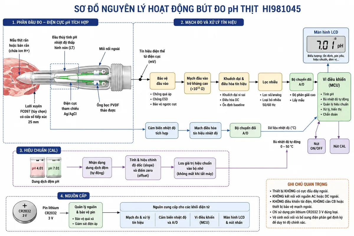 Vẽ sơ đồ nguyên lý hoạt động dạng khối của Bút Đo pH Thịt Hanna HI981045, nền trắng, bố cục ngang, phong cách kỹ thuật đo lường và nhãn tiếng Việt. Luồng chính bắt đầu từ mẫu thịt rắn hoặc bán rắn chứa ion H+, đi qua lưỡi xuyên FC097 có cửa sổ tiếp xúc tới đầu thủy tinh pH nhiệt độ thấp hình nón và điện cực tham chiếu. Thể hiện mối nối ngoài, ống bọc PVDF tháo được và điện phân cầu nối dạng gel có thể bổ sung. Tín hiệu điện thế mV đi qua bảo vệ đầu vào, mạch trở kháng cao, khuếch đại và điều hòa tín hiệu, lọc nhiễu, bộ chuyển đổi A/D, vi điều khiển và màn hình LCD hiển thị pH. Vẽ nhánh cảm biến nhiệt độ tích hợp qua mạch điều hòa và A/D tới vi điều khiển để bù nhiệt độ tự động; bổ sung nhánh hiệu chuẩn từ dung dịch đệm pH 4.01 và 7.01 tới khối nhận dạng đệm, lưu độ dốc và điểm zero. Vẽ nguồn pin CR2032 qua quản lý nguồn tới các khối điện tử.