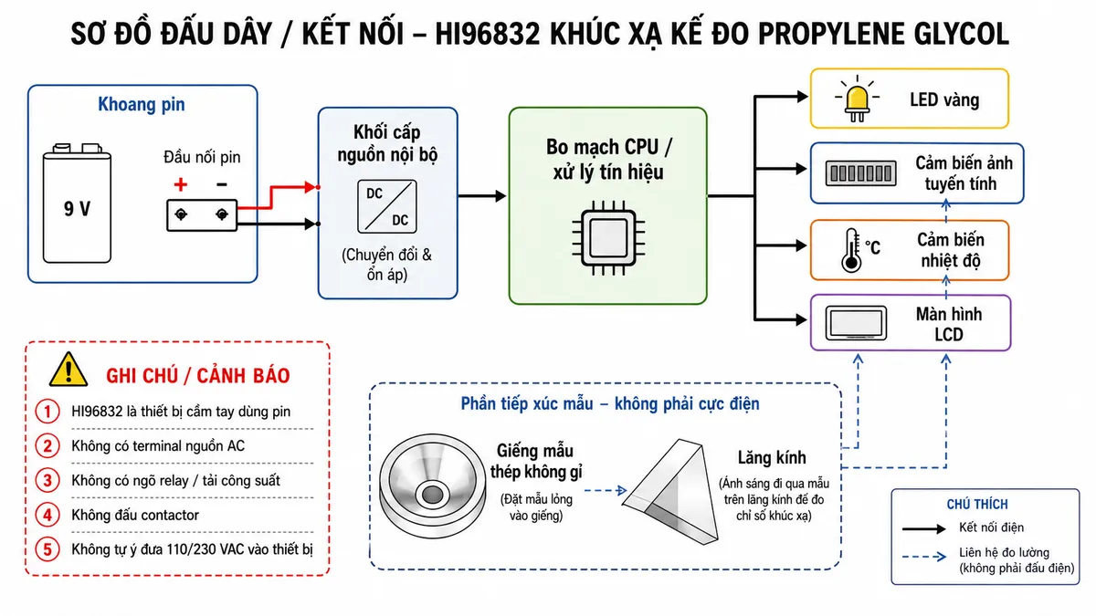 Sơ đồ đấu dây/kết nối Hanna HI96832 trên nền trắng dạng kỹ thuật: thể hiện khoang pin và hai cực dương/âm của đầu nối pin → khối cấp nguồn nội bộ → bo mạch CPU/xử lý tín hiệu; từ bo mạch phân nhánh cấp cho LED vàng, cảm biến ảnh tuyến tính, cảm biến nhiệt độ và màn hình LCD. Bên ngoài thể hiện giếng mẫu thép không gỉ và lăng kính là phần tiếp xúc mẫu, không phải cực điện. Ghi chú rõ HI96832 là thiết bị cầm tay dùng pin, không có terminal nguồn AC, không có ngõ relay/tải công suất, không đấu contactor; không tự ý đưa 110/230 VAC vào thiết bị. Không vẽ MCB/RCD như phần tử bắt buộc vì thiết bị không sử dụng nguồn lưới trực tiếp.