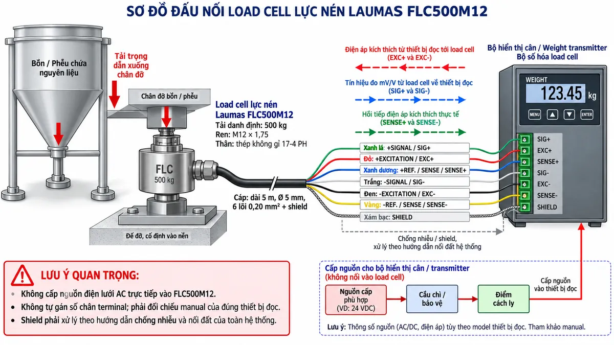 Vẽ sơ đồ đấu dây/kết nối kỹ thuật cho cảm biến lực nén Laumas FLC500M12 trên nền trắng, bố cục ngang. Bên trái thể hiện bồn hoặc phễu truyền tải trọng cơ học xuống chân đỡ và qua load cell FLC500M12. Ở giữa ghi rõ dòng FLC, tải danh định 500 kg, ren M12 × 1,75, thân thép không gỉ 17-4 PH. Từ load cell vẽ cáp dài 5 m, đường kính 5 mm, gồm 6 lõi 0,20 mm² và shield tới bộ hiển thị cân, weight transmitter hoặc bộ số hóa load cell tương thích ở bên phải. Thể hiện rõ +SIGNAL/SIG+ màu xanh lá, +EXCITATION/EXC+ màu đỏ, +REF./SENSE/SENSE+ màu xanh dương, -SIGNAL/SIG- màu trắng, -EXCITATION/EXC- màu đen, -REF./SENSE/SENSE- màu vàng và SHIELD. Dùng mũi tên thể hiện EXC+/EXC- từ bộ điện tử cân tới load cell, SIG+/SIG- từ load cell về thiết bị xử lý và SENSE+/SENSE- hồi tiếp điện áp kích thích thực tế về thiết bị đọc. Vẽ riêng nguồn cấp phù hợp cho bộ hiển thị hoặc transmitter qua cầu chì hoặc thiết bị bảo vệ và điểm cách ly. Ghi chú không cấp nguồn điện lưới AC trực tiếp vào FLC500M12, không tự gán số chân terminal mà phải đối chiếu manual của đúng thiết bị đọc, shield phải xử lý theo hướng dẫn chống nhiễu và nối đất của toàn hệ thống.