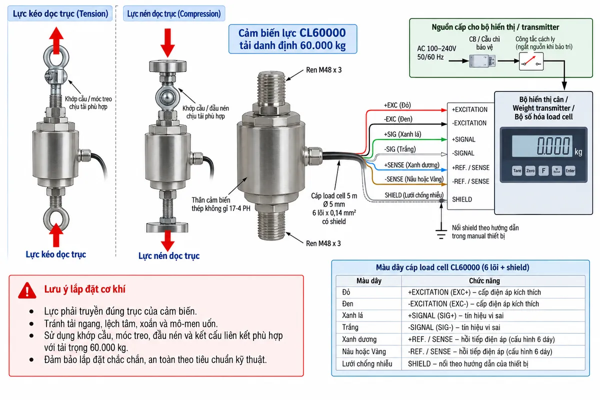 Vẽ sơ đồ đấu dây/kết nối kỹ thuật cho Laumas CL60000 trên nền trắng, bố cục ngang. Bên trái thể hiện hai tình huống tải cơ học “Lực kéo dọc trục” và “Lực nén dọc trục” truyền qua hai liên kết cơ khí hoặc khớp cầu có khả năng chịu tải phù hợp tới load cell CL60000 tải danh định 60.000 kg. Ở giữa thể hiện cảm biến CL60000 bằng thép không gỉ 17-4 PH, ren liên kết M48 x 3 và cáp load cell dài 5 m, đường kính 5 mm, 6 lõi x 0,14 mm² cùng shield. Bên phải vẽ bộ hiển thị cân, weight transmitter hoặc bộ số hóa load cell tương thích. Thể hiện +EXCITATION/EXC+ dây đỏ và -EXCITATION/EXC- dây đen từ thiết bị điện tử cân cấp điện áp kích thích tới load cell; +SIGNAL/SIG+ dây xanh lá và -SIGNAL/SIG- dây trắng truyền tín hiệu vi sai từ load cell về thiết bị; +REF./SENSE dây xanh dương và -REF./SENSE dây nâu hoặc vàng là đường hồi tiếp điện áp trong cấu hình sáu dây; thể hiện SHIELD và ghi chú nối shield theo manual thiết bị. Vẽ nguồn cấp phù hợp cho bộ hiển thị hoặc weight transmitter đi qua cầu chì hoặc thiết bị bảo vệ và điểm cách ly trước khi bảo trì; nguồn ngoài chỉ cấp cho thiết bị điện tử cân, load cell nhận kích thích qua EXC+/EXC-. Không tự gán số chân terminal phía thiết bị đọc khi chưa đối chiếu manual. Ghi chú nổi bật: lực phải truyền đúng trục; tránh tải ngang, lệch tâm, xoắn và mô-men uốn; cơ cấu liên kết và khớp cầu phải được lựa chọn phù hợp với tải trọng 60.000 kg.