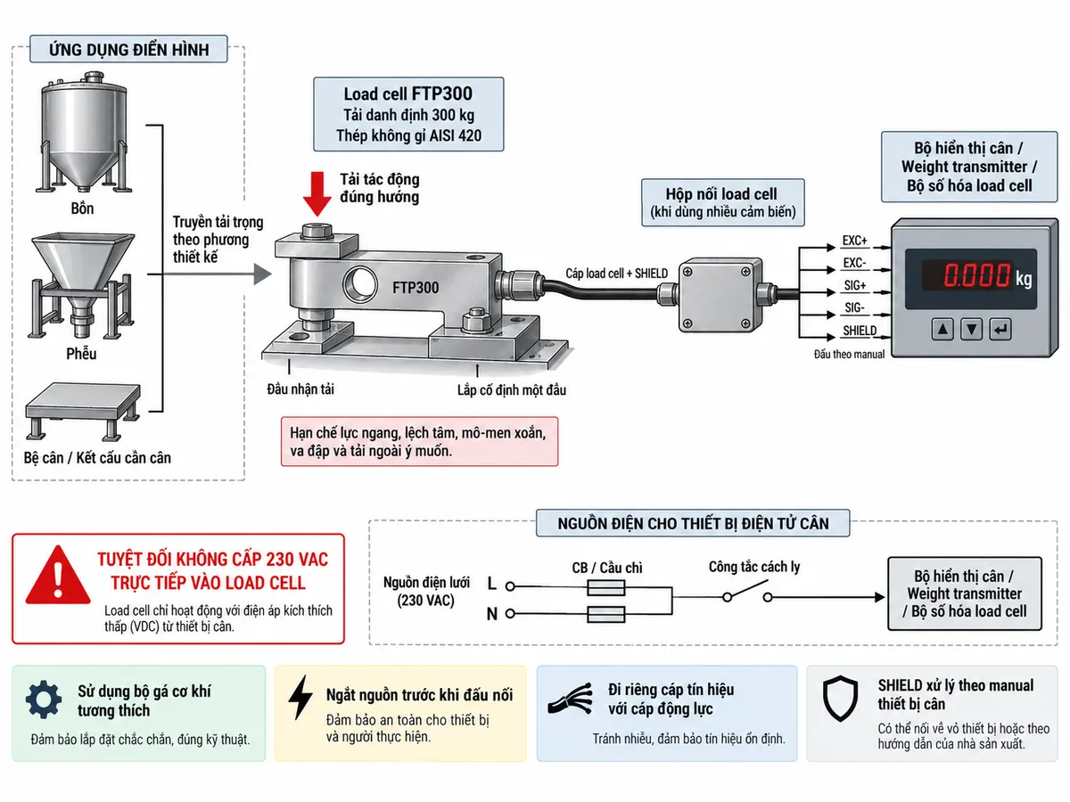 Vẽ sơ đồ đấu dây/kết nối kỹ thuật cho Laumas FTP300 trên nền trắng, bố cục ngang. Bên trái thể hiện bồn, phễu, bệ cân hoặc kết cấu cần cân truyền tải trọng theo phương thiết kế qua bộ gá cơ khí tương thích tới load cell FTP300 tải danh định 300 kg dạng bending beam bằng thép không gỉ AISI 420 ở giữa. Thể hiện một đầu FTP300 được cố định chắc chắn vào kết cấu đỡ, đầu còn lại tiếp nhận tải đúng hướng; chú thích hạn chế lực ngang, lệch tâm, mô-men xoắn, va đập và tải ngoài ý muốn. Từ FTP300 vẽ cáp load cell có SHIELD tới hộp nối load cell khi sử dụng nhiều cảm biến, sau đó tới bộ hiển thị cân, weight transmitter hoặc bộ số hóa load cell. Thể hiện rõ EXC+/EXC- từ thiết bị điện tử cân cấp điện áp kích thích cho cầu Wheatstone và SIG+/SIG- truyền tín hiệu vi sai từ load cell về thiết bị đọc; SHIELD xử lý theo manual. Không tự gán màu dây, số chân hoặc SENSE+/SENSE- nếu chưa đối chiếu datasheet đúng phiên bản FTP300. Phần nguồn điện lưới chỉ cấp cho bộ hiển thị hoặc transmitter qua CB hoặc cầu chì và công tắc cách ly phù hợp; ghi rõ tuyệt đối không cấp 230 VAC trực tiếp vào load cell. Bổ sung lưu ý ngắt nguồn trước khi đấu nối, đi riêng cáp tín hiệu với cáp động lực và sử dụng bộ gá cơ khí tương thích.