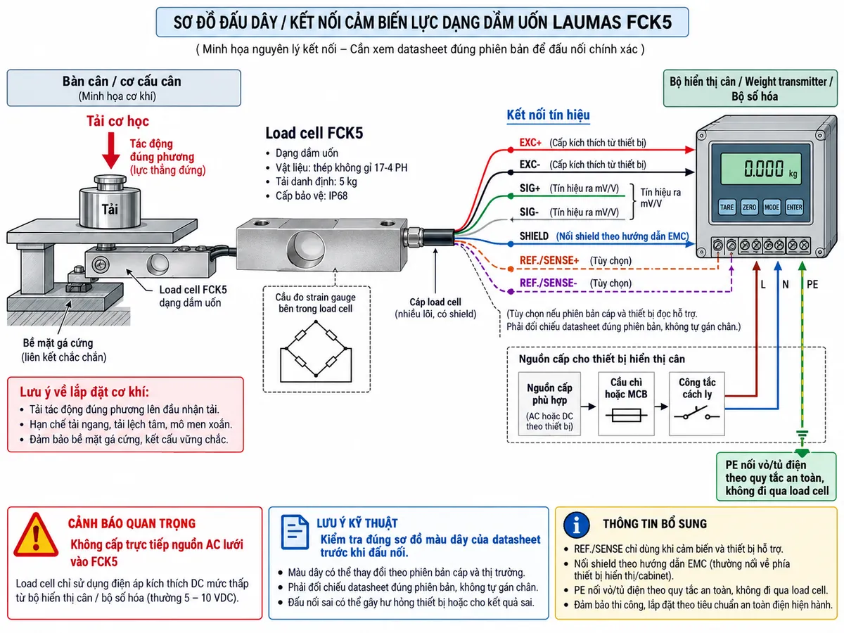 Vẽ sơ đồ đấu dây/kết nối kỹ thuật cho cảm biến lực dạng dầm uốn Laumas FCAL50 trên nền trắng, bố cục ngang. Bên trái thể hiện bồn, phễu cân, bàn cân hoặc cơ cấu máy truyền tải trọng đúng phương tới đầu nhận tải của FCAL50; vùng MOUNTING SURFACE của cảm biến được bắt chắc lên khung hoặc bề mặt gá cứng, có chú thích hạn chế lực ngang, tải lệch tâm và mô-men xoắn. Ở giữa vẽ load cell FCAL50 bằng thép không gỉ AISI 420, tải danh định 50 kg, IP68, từ cảm biến đi ra cáp dài 3 m, đường kính 4 mm, 4 lõi 0,22 mm² cùng SHIELD. Đi sang bộ hiển thị cân, weight transmitter hoặc bộ số hóa ở bên phải với đúng màu dây: +EXCITATION/EXC+ màu đỏ từ thiết bị điện tử tới load cell, -EXCITATION/EXC- màu đen từ thiết bị tới load cell, +SIGNAL/SIG+ màu xanh lá từ load cell về thiết bị và -SIGNAL/SIG- màu trắng từ load cell về thiết bị; SHIELD nối theo hướng dẫn EMC. Không vẽ REF./SENSE vì cấu hình tiêu chuẩn của FCAL dùng cáp 4 lõi. Vẽ riêng nguồn cấp phù hợp cho bộ điện tử cân qua cầu chì hoặc MCB và công tắc cách ly; PE nối vỏ hoặc tủ điện theo quy tắc an toàn, không đi qua load cell. Ghi chú rõ không cấp trực tiếp nguồn AC lưới vào FCAL50 và phải kiểm tra datasheet đúng phiên bản trước khi đấu nối.
