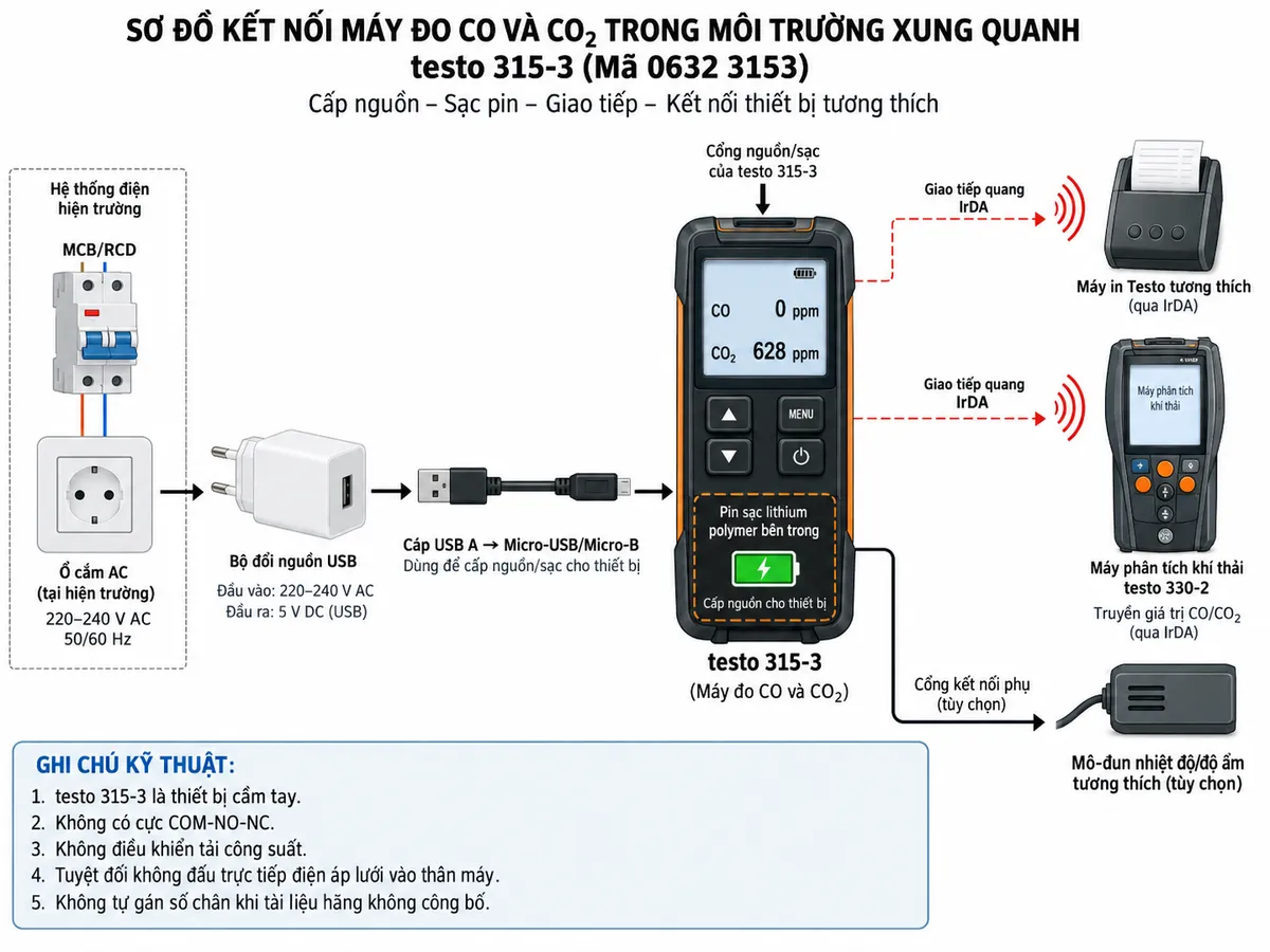 Vẽ sơ đồ kết nối kỹ thuật cho máy đo CO và CO2 testo 315-3 mã 0632 3153 trên nền trắng, bố cục ngang. Thể hiện nguồn điện lưới AC tại ổ cắm được bảo vệ bởi MCB/RCD của hệ thống điện hiện trường → bộ đổi nguồn USB của Testo → cáp USB A sang Micro-USB/Micro-B → cổng nguồn/sạc của testo 315-3 → pin sạc lithium polymer bên trong. Từ testo 315-3 vẽ nhánh giao tiếp quang IrDA tới máy in Testo tương thích và nhánh IrDA tới máy phân tích khí thải testo 330-2 để truyền giá trị CO/CO2. Vẽ thêm mô-đun nhiệt độ/độ ẩm tương thích ở cổng phụ dưới dạng tùy chọn. Ghi rõ testo 315-3 là thiết bị cầm tay, không có cực COM-NO-NC, không điều khiển tải công suất và tuyệt đối không đấu trực tiếp điện áp lưới vào thân máy; không tự gán số chân khi tài liệu hãng không công bố.