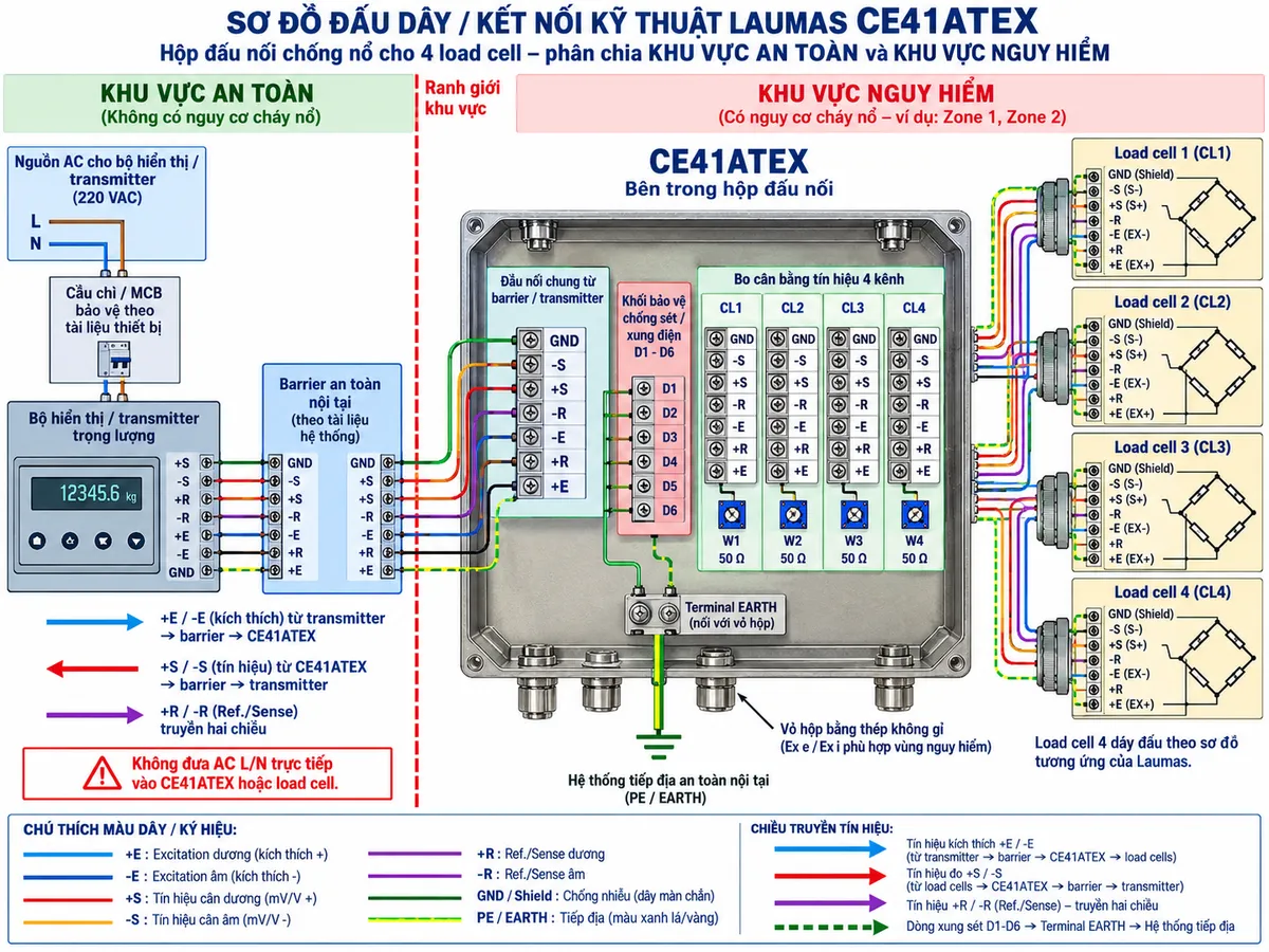 Sơ đồ đấu dây/kết nối kỹ thuật Laumas CE41ATEX trên nền trắng, bố cục ngang, chú thích tiếng Việt. Bên trái chia rõ “KHU VỰC AN TOÀN” và “KHU VỰC NGUY HIỂM”. Trong khu vực an toàn đặt “Bộ hiển thị / transmitter trọng lượng” và barrier an toàn nội tại được lựa chọn theo tài liệu hệ thống; nguồn AC của bộ hiển thị/transmitter đi qua cầu chì hoặc MCB bảo vệ theo tài liệu thiết bị, tuyệt đối không đưa AC L/N trực tiếp vào CE41ATEX hoặc load cell. Từ thiết bị cân qua barrier kéo cáp tín hiệu tới CE41ATEX gồm GND, -S, +S, -R, -E, +R, +E. Ở giữa là hộp inox “CE41ATEX” với đầu nối chung, khối bảo vệ chống sét/xung điện D1-D6 và 4 kênh CL1, CL2, CL3, CL4; mỗi kênh thể hiện đúng các cực GND, -S, +S, -R, -E, +R, +E và potentiometer cân bằng W1, W2, W3, W4 giá trị 50 Ω. Bên phải bố trí 4 load cell cầu Wheatstone; minh họa load cell 6 dây với EX+/EX-, S+/S-, +R/-R Ref./Sense và shield/GND, đồng thời ghi chú load cell 4 dây phải đấu theo sơ đồ tương ứng của Laumas. Thể hiện Terminal EARTH của CE41ATEX nối hệ thống tiếp địa an toàn nội tại và liên kết với vỏ hộp cùng khối bảo vệ xung. Dùng mũi tên rõ chiều: excitation +E/-E từ transmitter → barrier → CE41ATEX → load cell; tín hiệu mV/V +S/-S từ load cell → W1-W4 → CE41ATEX → barrier → transmitter; +R/-R là Ref./Sense; xung quá áp → khối bảo vệ → Terminal EARTH.