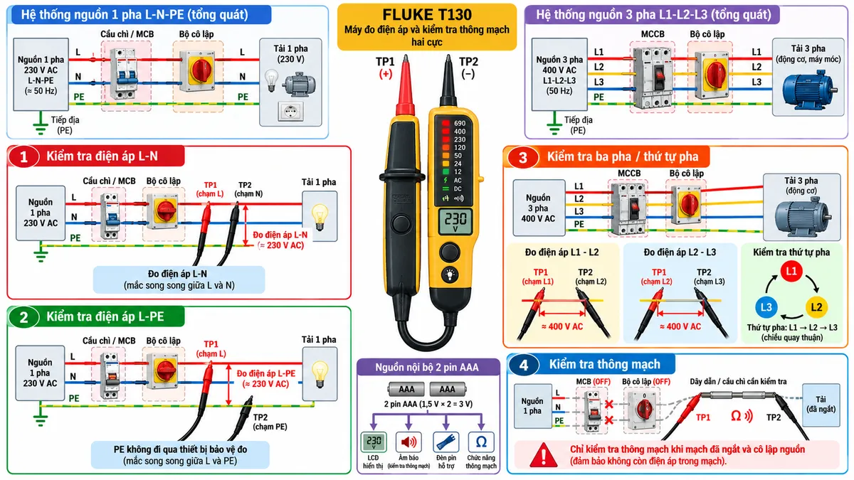 Sơ đồ đấu dây/kết nối kỹ thuật cho máy đo điện áp và kiểm tra thông mạch FLUKE T130 trên nền trắng, bố cục ngang, chú thích tiếng Việt. Bên trái thể hiện nguồn điện 1 pha L-N-PE đi qua cầu chì/MCB và bộ cô lập trước khi cấp tới tải; ở giữa đặt FLUKE T130 dạng máy kiểm tra hai cực với hai đầu dò TP1 và TP2. Nhánh 1 “Kiểm tra điện áp L-N”: một đầu dò đặt vào L sau MCB, đầu còn lại đặt vào N, thể hiện kết nối song song với nguồn/tải. Nhánh 2 “Kiểm tra điện áp L-PE”: đầu dò đặt giữa L và PE, lưu ý PE không đi qua thiết bị đo. Nhánh 3 “Kiểm tra ba pha / thứ tự pha”: thể hiện L1-L2-L3 đi qua MCCB/bộ cô lập rồi tới tải ba pha, hai đầu dò lần lượt đặt giữa các cặp pha để kiểm tra. Nhánh 4 “Kiểm tra thông mạch”: nguồn được ngắt bằng MCB/bộ cô lập ở trạng thái OFF, hai đầu dò đặt hai đầu dây dẫn hoặc cầu chì cần kiểm tra, ghi rõ “Chỉ kiểm tra thông mạch khi mạch đã ngắt và cô lập nguồn”. Phía dưới thể hiện 2 pin AAA cấp nguồn nội bộ cho LCD, âm báo, đèn pin và chức năng thông mạch; dùng mũi tên rõ chiều và ký hiệu bảo vệ điện tiêu chuẩn.