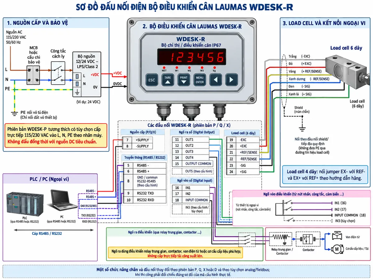 Vẽ sơ đồ đấu dây và kết nối Bộ điều khiển cân Laumas WDESK-R trên nền trắng, bố cục ngang, chú thích tiếng Việt. Bên trái thể hiện nguồn AC gồm L, N và PE đi qua MCB hoặc cầu chì bảo vệ và công tắc cách ly, sau đó cấp cho bộ nguồn 12/24 VDC loại LPS/Class 2; từ bộ nguồn nối +VDC tới cực 7 +SUPPLY và 0V tới cực 8 -SUPPLY của WDESK-R ở cấu hình đầu nối P/Q/X. Ghi chú phiên bản WDESK-P tương thích có tùy chọn cấp trực tiếp 115/230 VAC vào L, N và PE theo nhãn máy, không đấu đồng thời như nguồn DC tiêu chuẩn. Ở giữa vẽ WDESK-R dạng bộ chỉ thị IP67, màn hình LED đỏ 6 số và bàn phím 6 phím. Thể hiện nhóm truyền thông: cực 5 RS485-, cực 6 RS485+, cực 8 là GND/common cho RS232/RS485 theo cấu hình; cực 9 RS232 TXD và cực 10 RS232 RXD. Thể hiện nhóm ngõ ra 11–14 là OUT1–OUT4, cực 15 OUTPUT COMMON và ngõ ra thứ 5 theo cấu hình của thiết bị; các ngõ ra dùng điều khiển relay trung gian, contactor, van điện từ hoặc cơ cấu cấp liệu phù hợp, không minh họa cấp trực tiếp tải công suất lớn. Thể hiện nhóm ngõ vào 16 IN1, 17 IN2, 18 INPUT COMMON và IN3 theo cấu hình/tùy chọn. Bên phải vẽ load cell 6 dây đấu vào nhóm cực 19–24: 19 -EXC, 20 +EXC, 21 +REF/SENSE, 22 -REF/SENSE, 23 -SIG, 24 +SIG; shield nối theo đúng đầu nối shield/tiếp địa quy định, không cho PE đi qua đường tín hiệu load cell. Có chú thích load cell 4 dây phải nối jumper EX- với REF- và EX+ với REF+ theo hướng dẫn hãng. Vẽ thêm PLC/PC kết nối RS485 hoặc RS232 và các mũi tên thể hiện luồng tín hiệu cân từ load cell vào WDESK-R, sau đó tín hiệu điều khiển đi tới relay trung gian/contactor và tải. Ghi chú một số chức năng chân và đầu nối thay đổi theo phiên bản P, Q, X hoặc D và theo tùy chọn analog/fieldbus, vì vậy khi thi công phải đối chiếu đúng sơ đồ của mã cấu hình thực tế.