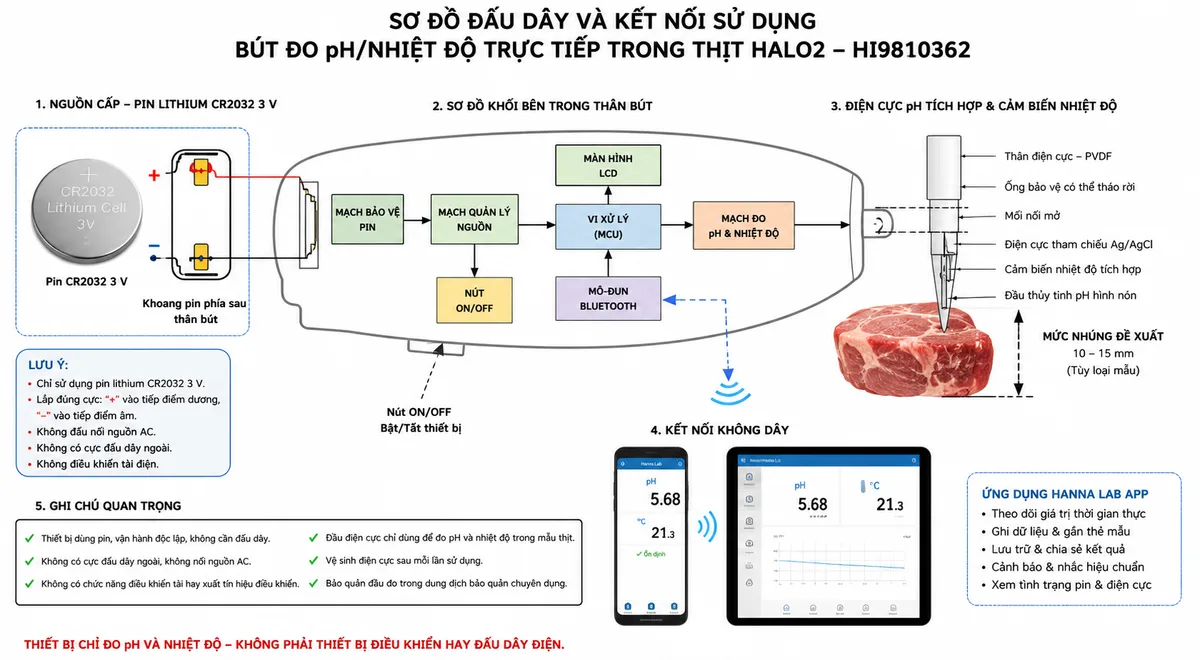 Sơ đồ đấu dây và kết nối sử dụng Bút Đo pH/Nhiệt Độ Trực Tiếp Trong Thịt HALO2 Hanna HI9810362, nền trắng, bố cục ngang, nhãn tiếng Việt. Thể hiện pin lithium CR2032 3 V với cực dương và cực âm tiếp xúc khoang pin, mạch bảo vệ và quản lý nguồn bên trong thân bút, nút ON/OFF, màn hình LCD, mô-đun Bluetooth và điện cực pH tích hợp. Đầu điện cực hình nón cùng cảm biến nhiệt độ được cắm trực tiếp vào mẫu thịt đến mức nhúng phù hợp; dữ liệu truyền không dây tới điện thoại hoặc máy tính bảng chạy Hanna Lab App. Ghi chú rõ thiết bị không có cực đấu dây ngoài, không nối nguồn AC, không điều khiển tải điện và chỉ sử dụng đúng loại pin CR2032.