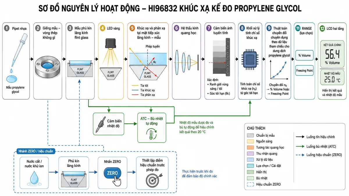 Sơ đồ nguyên lý hoạt động Hanna HI96832 dạng block diagram kỹ thuật trên nền trắng: pipet nhựa nhỏ mẫu propylene glycol → giếng mẫu vòng thép không gỉ → mẫu phủ kín lăng kính flint glass → LED vàng phát ánh sáng qua lăng kính → khúc xạ và phản xạ tại mặt tiếp xúc lăng kính–mẫu → hệ thấu kính quang học → cảm biến ảnh tuyến tính xác định ranh giới vùng sáng/tối và góc tới hạn → khối xử lý tính chỉ số khúc xạ. Từ cảm biến nhiệt độ tạo nhánh vào khối ATC bù nhiệt tự động → thuật toán chuyển đổi chuyên dụng theo dữ liệu tham chiếu cho dung dịch propylene glycol → CPU → lựa chọn RANGE gồm % Volume và Freezing Point → LCD hai tầng hiển thị kết quả chính cùng nhiệt độ. Bổ sung nhánh ZERO: nước cất/nước khử ion → phủ kín lăng kính → nhấn ZERO → thiết lập điểm hiệu chuẩn trước phép đo.