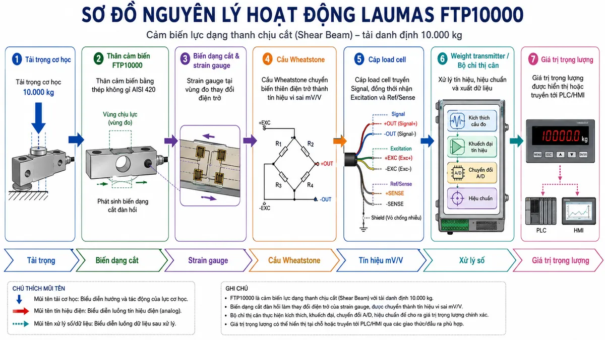 Sơ đồ nguyên lý hoạt động Laumas FTP10000 dạng khối chức năng từ trái sang phải trên nền trắng, phong cách kỹ thuật điện công nghiệp. Thể hiện đầy đủ chuỗi: tải trọng cơ học tối đa theo tải danh định 10.000 kg tác động đúng phương lên điểm nhận lực của Shear Beam FTP10000 → thân cảm biến bằng thép không gỉ AISI 420 phát sinh biến dạng cắt đàn hồi → các strain gauge tại vùng đo thay đổi điện trở → cầu Wheatstone chuyển biến thiên điện trở thành tín hiệu vi sai mV/V → cáp load cell truyền Signal đồng thời nhận Excitation và Ref/Sense nếu được trang bị → weight transmitter hoặc bộ chỉ thị cân cung cấp kích thích cầu đo, khuếch đại tín hiệu, chuyển đổi A/D và thực hiện hiệu chuẩn → giá trị trọng lượng được hiển thị hoặc truyền tới PLC/HMI. Dùng các mũi tên lớn, rõ ràng thể hiện luồng Tải trọng → Biến dạng cắt → Strain gauge → Cầu Wheatstone → Tín hiệu mV/V → Xử lý số → Giá trị trọng lượng.