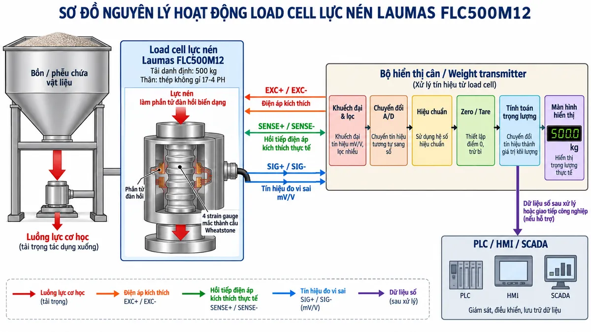 Vẽ sơ đồ nguyên lý hoạt động dạng khối cho cảm biến lực nén Laumas FLC500M12 trên nền trắng, bố cục ngang. Bắt đầu từ bồn hoặc phễu tạo tải trọng cơ học truyền xuống chân đỡ và tác động lực nén lên FLC500M12 tải danh định 500 kg. Bên trong load cell thể hiện phần tử đàn hồi bằng thép không gỉ 17-4 PH và bốn strain gauge mắc thành cầu Wheatstone. Từ bộ hiển thị cân hoặc weight transmitter vẽ EXC+/EXC- cấp điện áp kích thích vào cầu đo và SENSE+/SENSE- hồi tiếp điện áp kích thích thực tế về thiết bị đọc. Khi tải thay đổi, phần tử đàn hồi biến dạng làm điện trở strain gauge thay đổi và sinh tín hiệu vi sai SIG+/SIG- dạng mV/V. Tín hiệu tiếp tục qua các khối khuếch đại và lọc, chuyển đổi A/D, hiệu chuẩn, Zero/Tare, tính toán trọng lượng rồi tới màn hình hiển thị. Nếu bộ điện tử cân hỗ trợ giao tiếp công nghiệp, thêm nhánh dữ liệu số sau xử lý tới PLC/HMI/SCADA. Dùng mũi tên và chú thích tiếng Việt để phân biệt luồng lực cơ học, điện áp kích thích, hồi tiếp sense, tín hiệu đo mV/V và dữ liệu số sau xử lý.