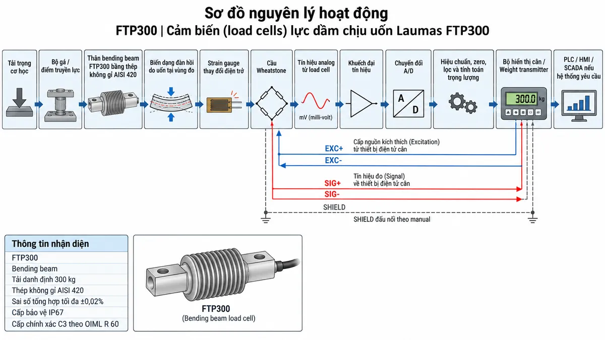 Vẽ sơ đồ nguyên lý hoạt động dạng khối cho Laumas FTP300 trên nền trắng, bố cục ngang. Luồng chính gồm: Tải trọng cơ học → Bộ gá / điểm truyền lực → Thân bending beam FTP300 bằng thép không gỉ AISI 420 → Biến dạng đàn hồi do uốn tại vùng đo → Strain gauge thay đổi điện trở → Cầu Wheatstone → Tín hiệu analog từ load cell → Khuếch đại tín hiệu → Chuyển đổi A/D → Hiệu chuẩn, zero, lọc và tính toán trọng lượng → Bộ hiển thị cân / Weight transmitter → PLC / HMI / SCADA nếu hệ thống yêu cầu. Vẽ nhánh từ thiết bị điện tử cân cấp EXC+/EXC- tới cầu Wheatstone và nhận SIG+/SIG- trở về; thể hiện SHIELD đi theo cáp tín hiệu với ghi chú đấu nối theo manual. Bổ sung khối thông tin nhận diện gồm: FTP300, bending beam, tải danh định 300 kg, thép không gỉ AISI 420, sai số tổng hợp tối đa ±0,02%, cấp bảo vệ IP67 và cấp chính xác C3 theo OIML R 60.